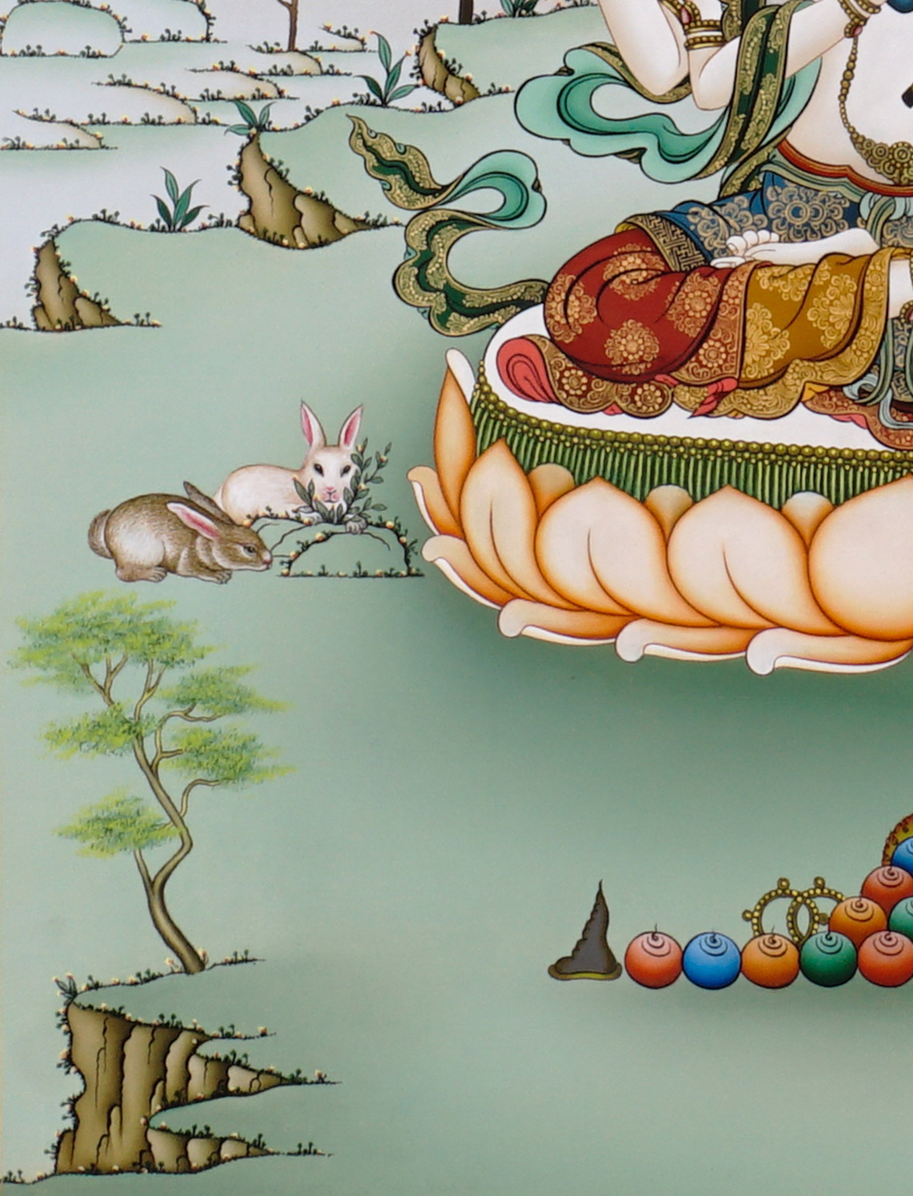 Hand-painted Chenrezig thangka showing four-armed Avalokiteshvara seated on lotus throne holding mala and lotus with Amitabha above in peaceful Himalayan landscape.