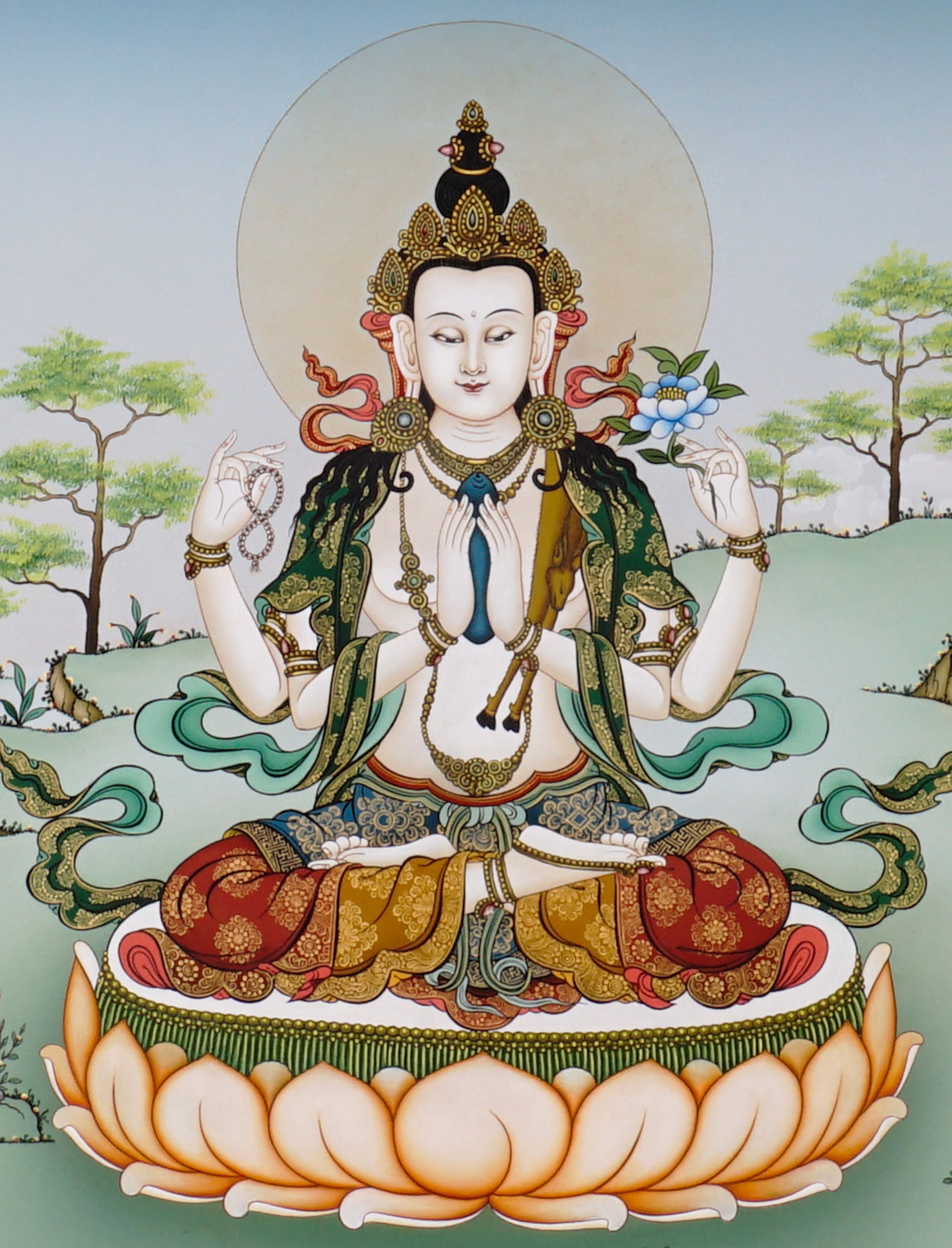 Hand-painted Chenrezig thangka showing four-armed Avalokiteshvara seated on lotus throne holding mala and lotus with Amitabha above in peaceful Himalayan landscape.