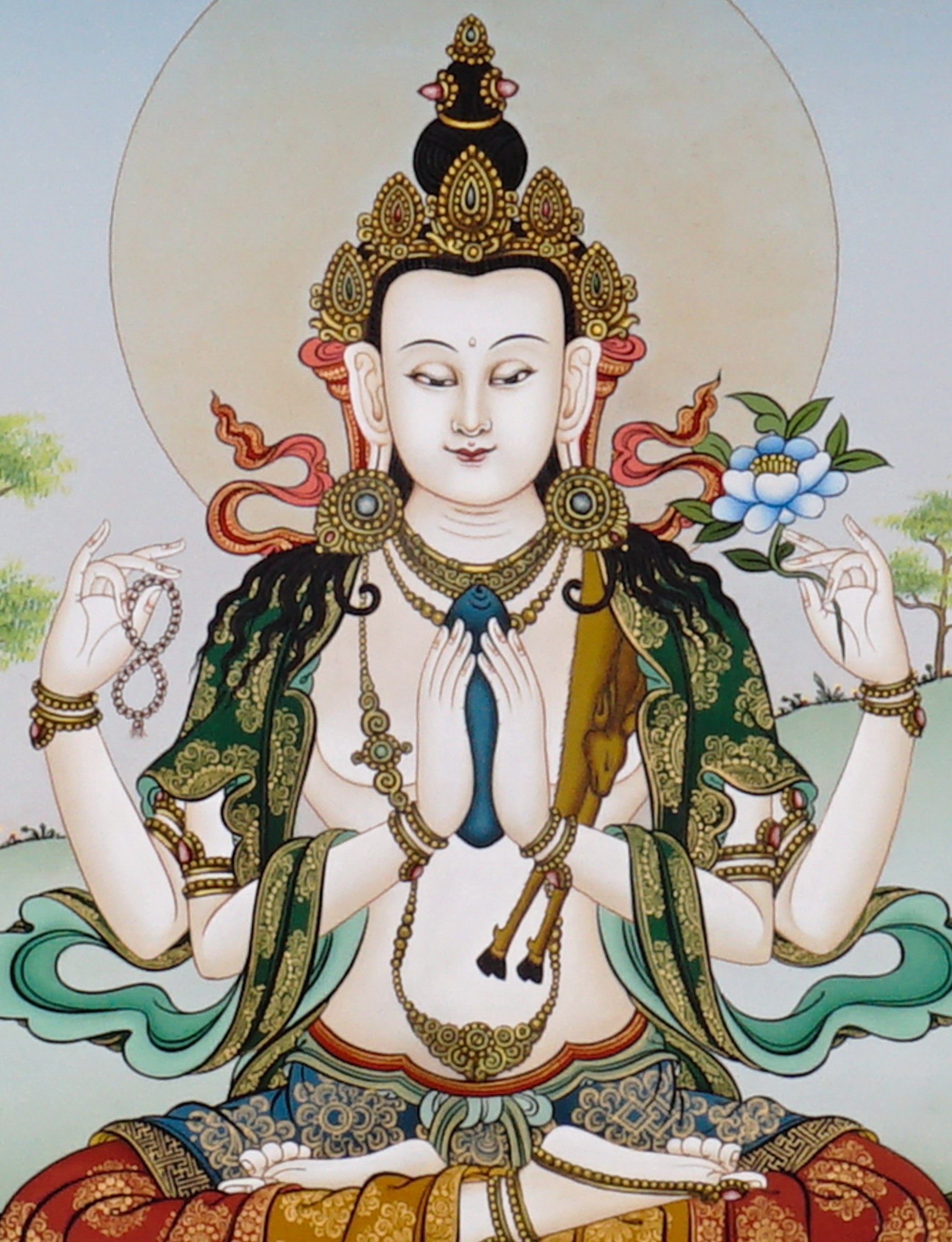 Hand-Painted Chenrezig (Avalokiteshvara) Thangka – Four-Armed Bodhisattva of Compassion