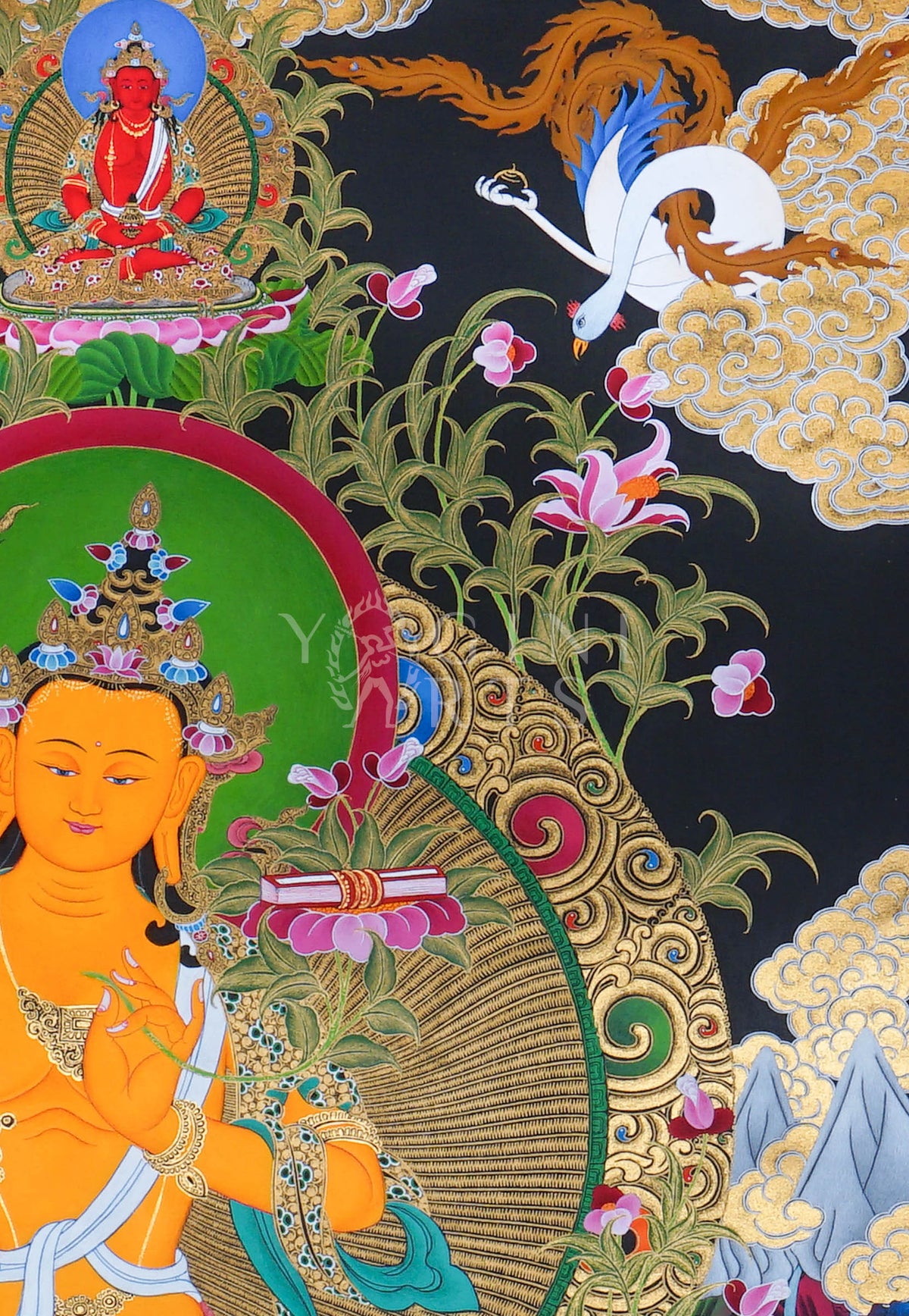 Hand-painted Manjushri Thangka depicting the Bodhisattva of Wisdom holding the Flaming Sword and Prajnaparamita Sutra with natural mineral pigments and gold detailing.