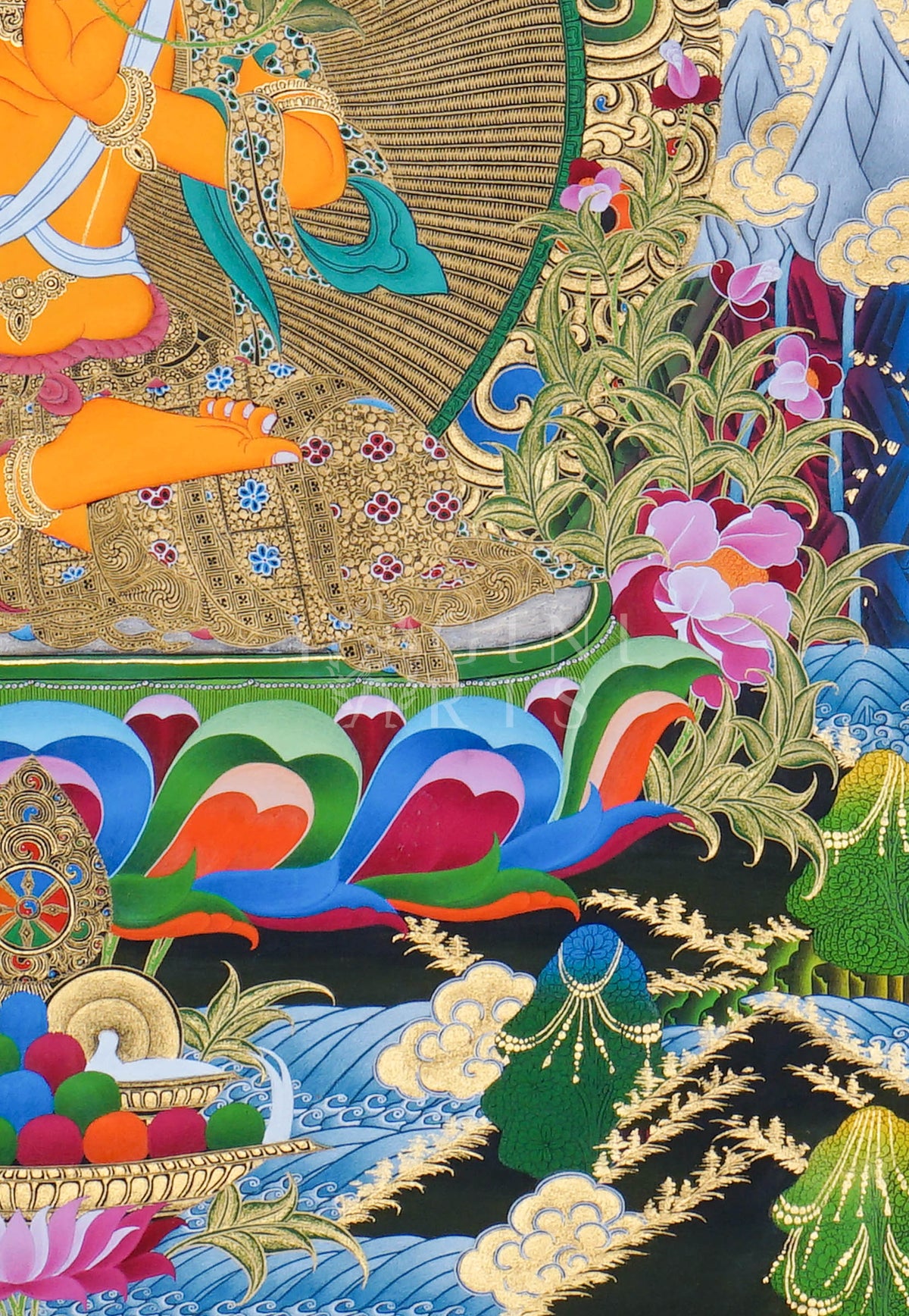 Hand-painted Manjushri Thangka depicting the Bodhisattva of Wisdom holding the Flaming Sword and Prajnaparamita Sutra with natural mineral pigments and gold detailing.