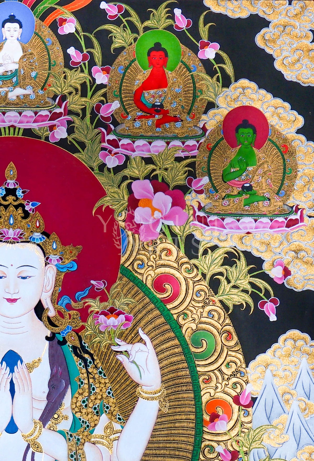 Hand-painted Four-Armed Chenrezig Thangka featuring Avalokiteshvara with the Five Dhyani Buddhas, Manjushri, Mahakala, natural mineral pigments, and gold detailing.