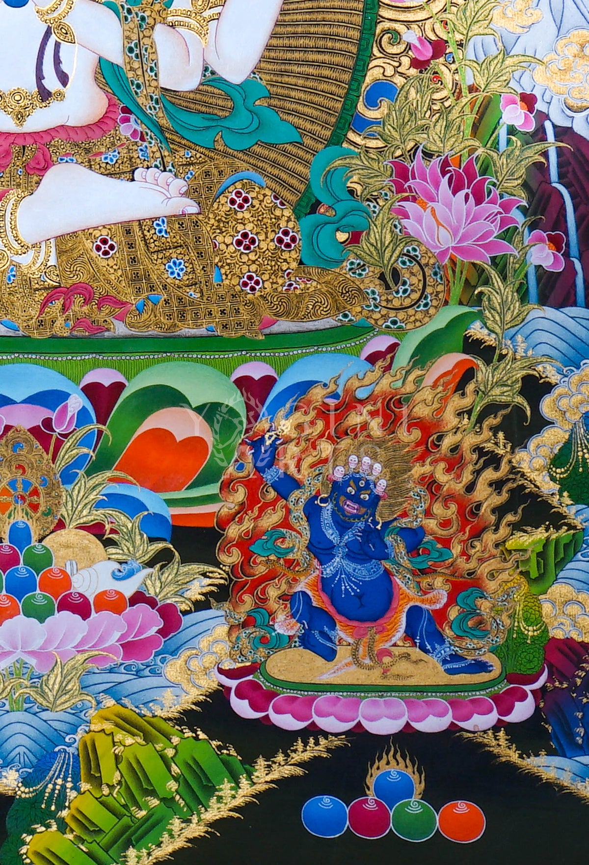 Hand-painted Four-Armed Chenrezig Thangka featuring Avalokiteshvara with the Five Dhyani Buddhas, Manjushri, Mahakala, natural mineral pigments, and gold detailing.