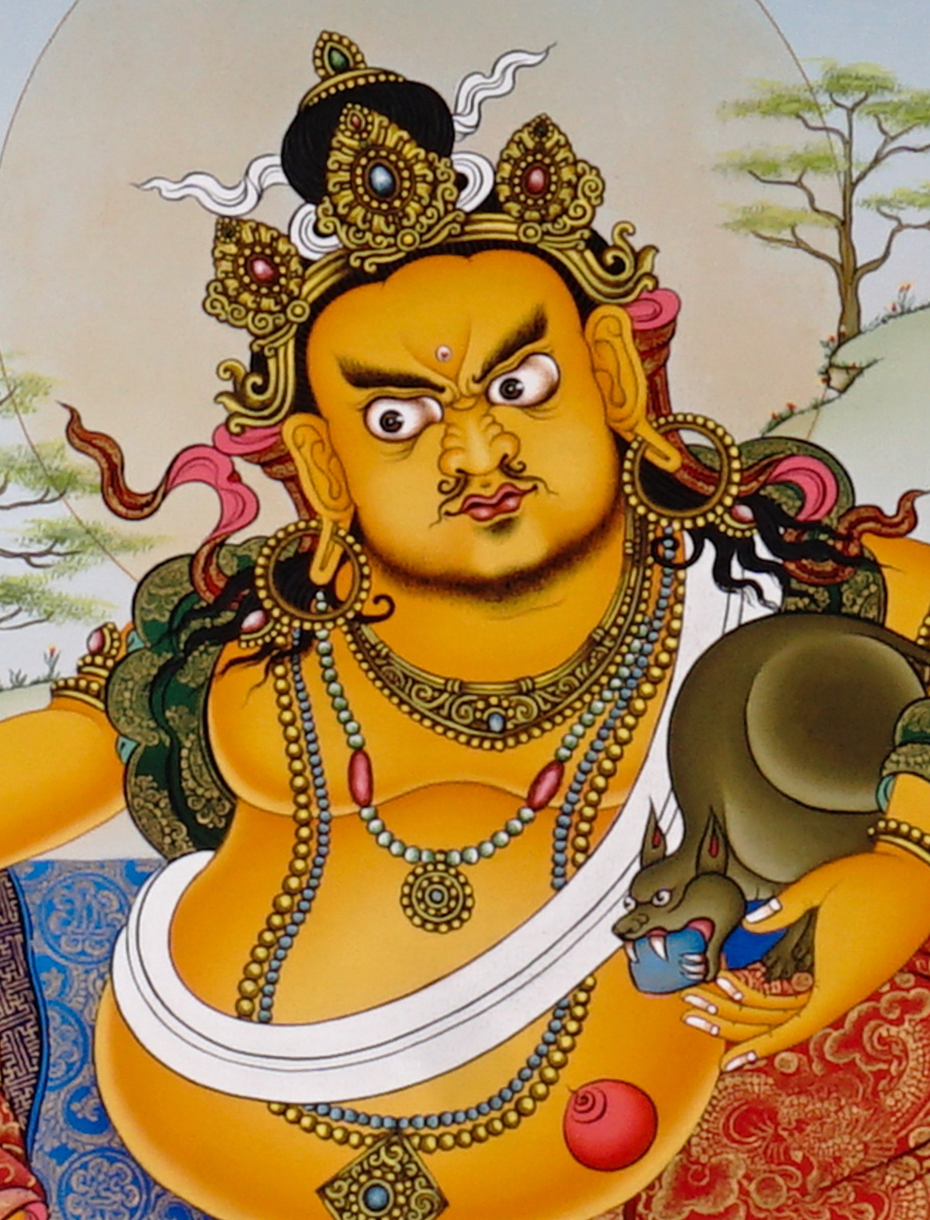 Hand-painted Yellow Dzambhala thangka showing Tibetan wealth deity seated on lotus throne holding mongoose and citron with gold detailing and Himalayan landscape background.