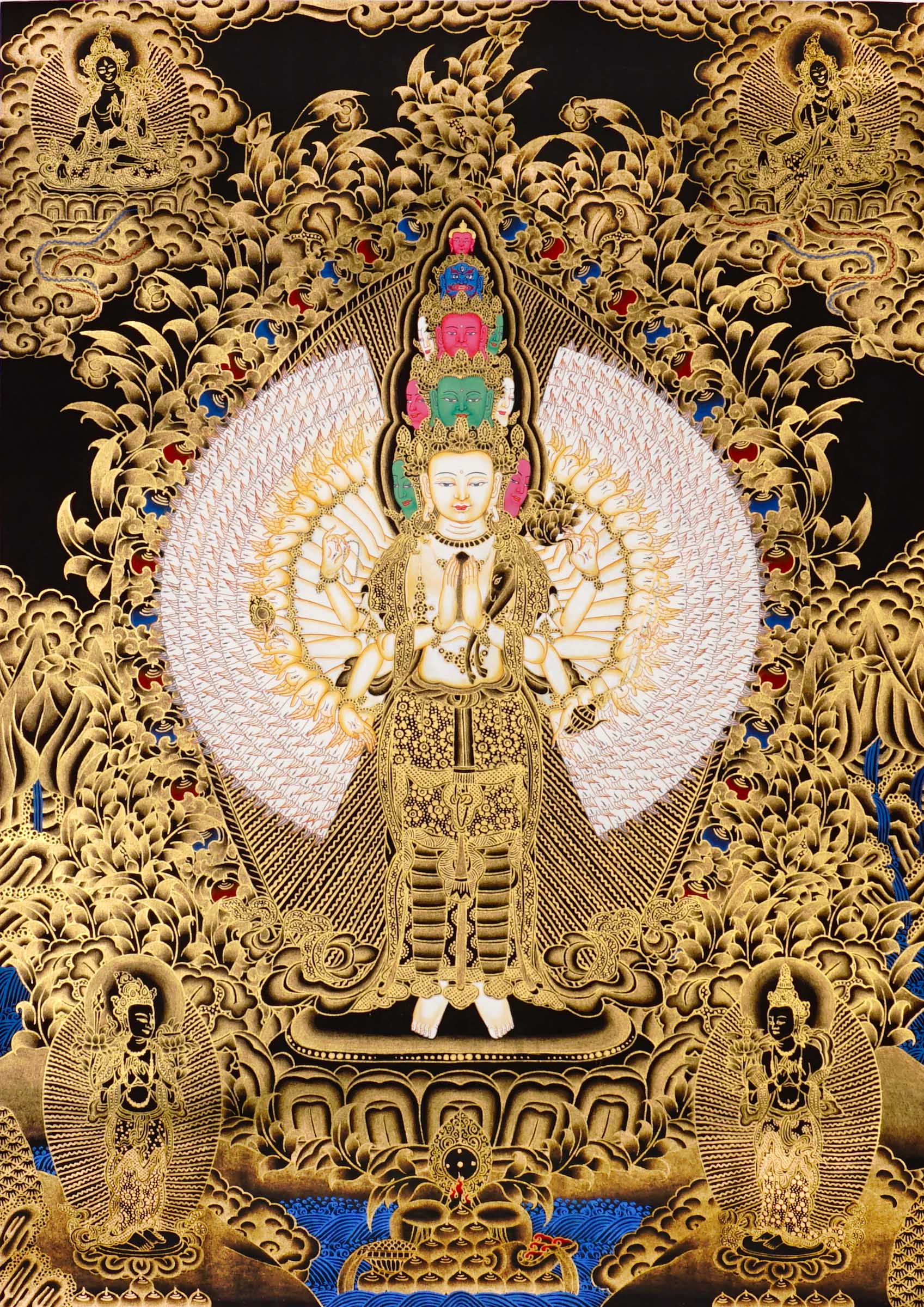 Hand-painted Thousand-Armed Avalokiteshvara thangka in gold on black background showing eleven-faced Chenrezig with multiple arms standing on lotus pedestal.
