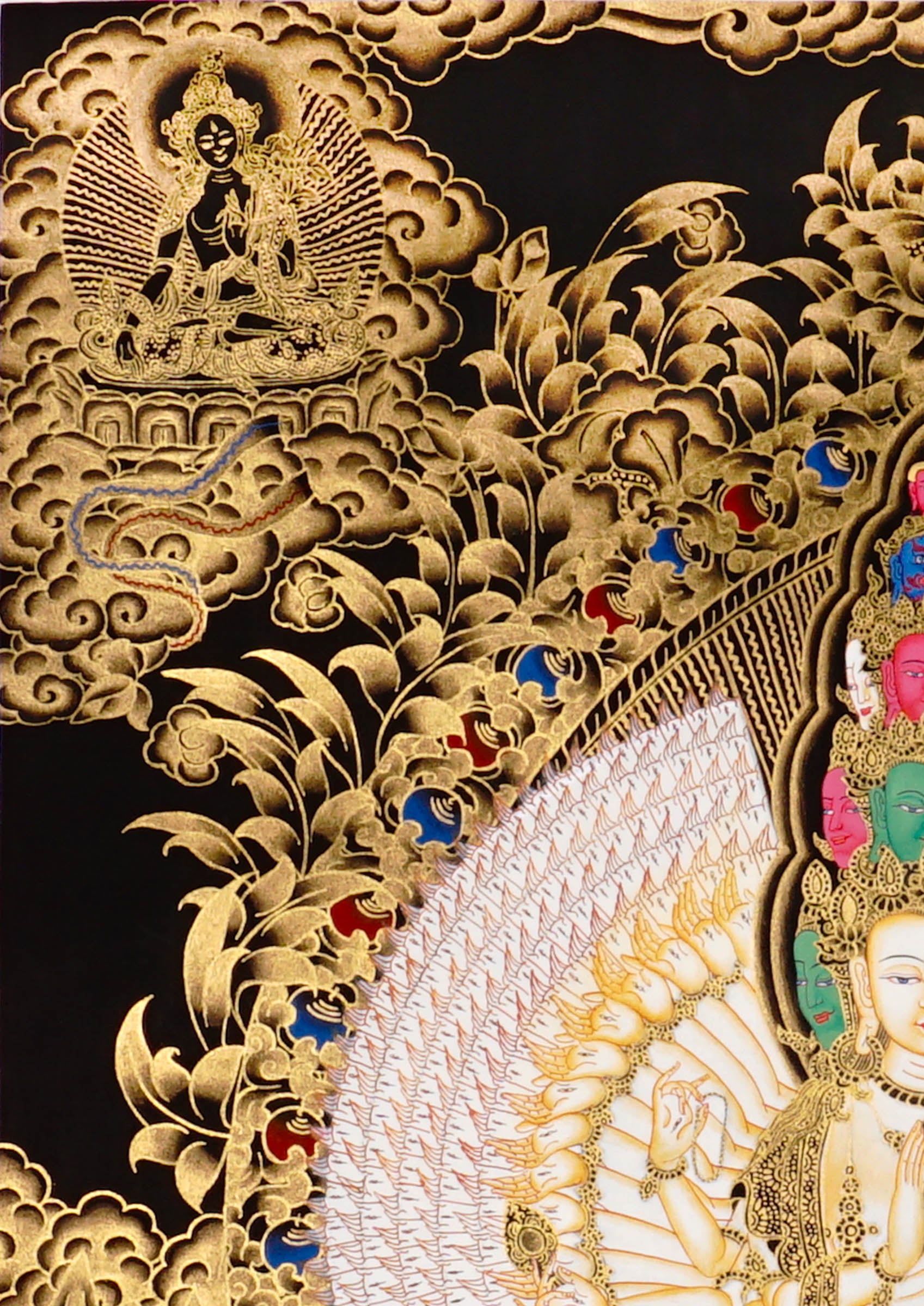 Hand-painted Thousand-Armed Avalokiteshvara thangka in gold on black background showing eleven-faced Chenrezig with multiple arms standing on lotus pedestal.