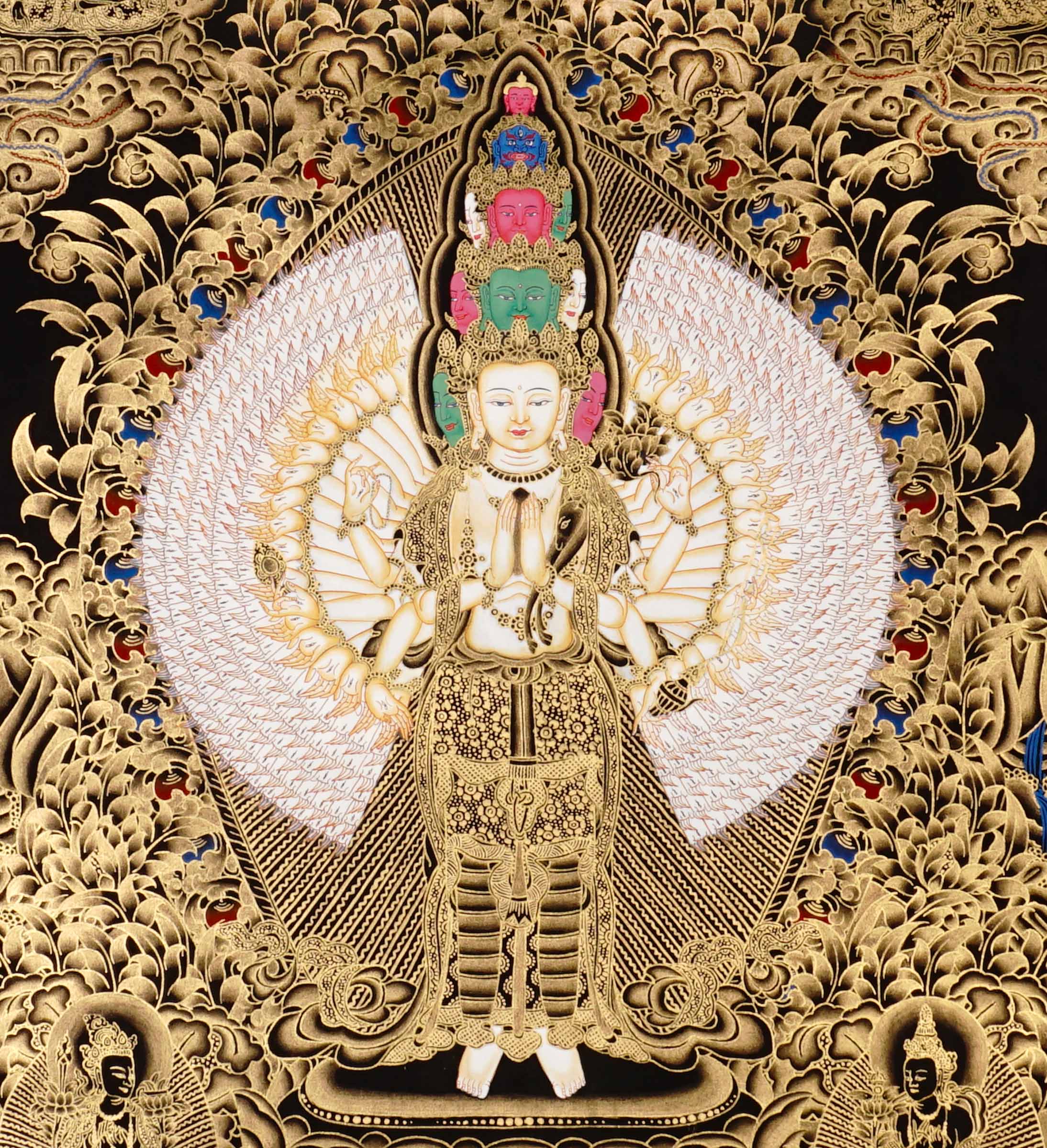 Hand-painted Thousand-Armed Avalokiteshvara thangka in gold on black background showing eleven-faced Chenrezig with multiple arms standing on lotus pedestal.