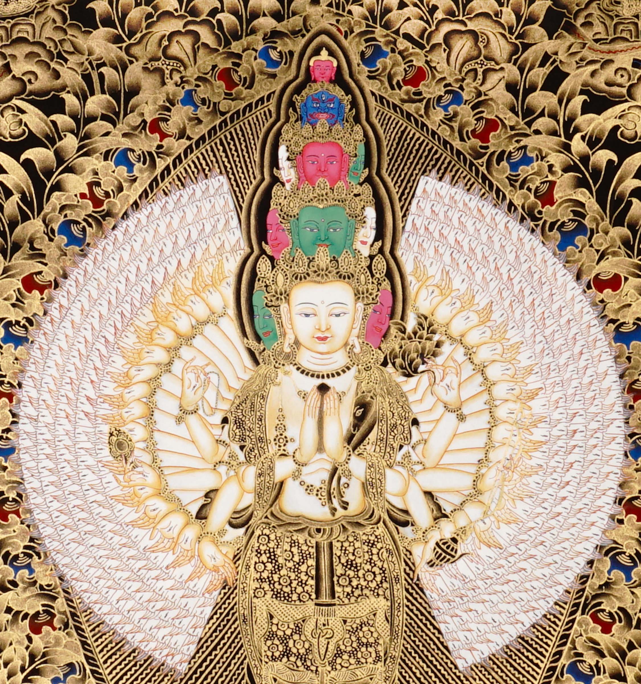 Hand-painted Thousand-Armed Avalokiteshvara thangka in gold on black background showing eleven-faced Chenrezig with multiple arms standing on lotus pedestal.