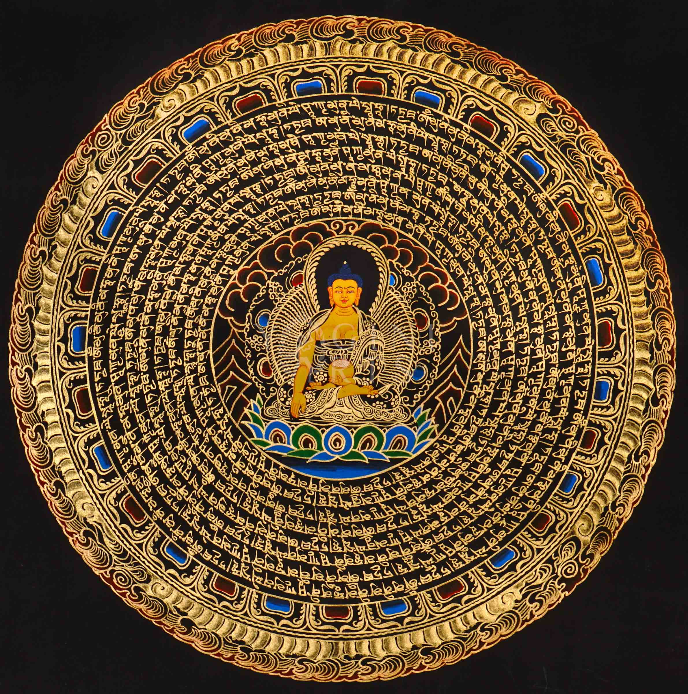 Shakyamuni Buddha mandala thangka featuring a central Buddha figure surrounded by circular Tibetan script and intricate gold detailing on a black background.