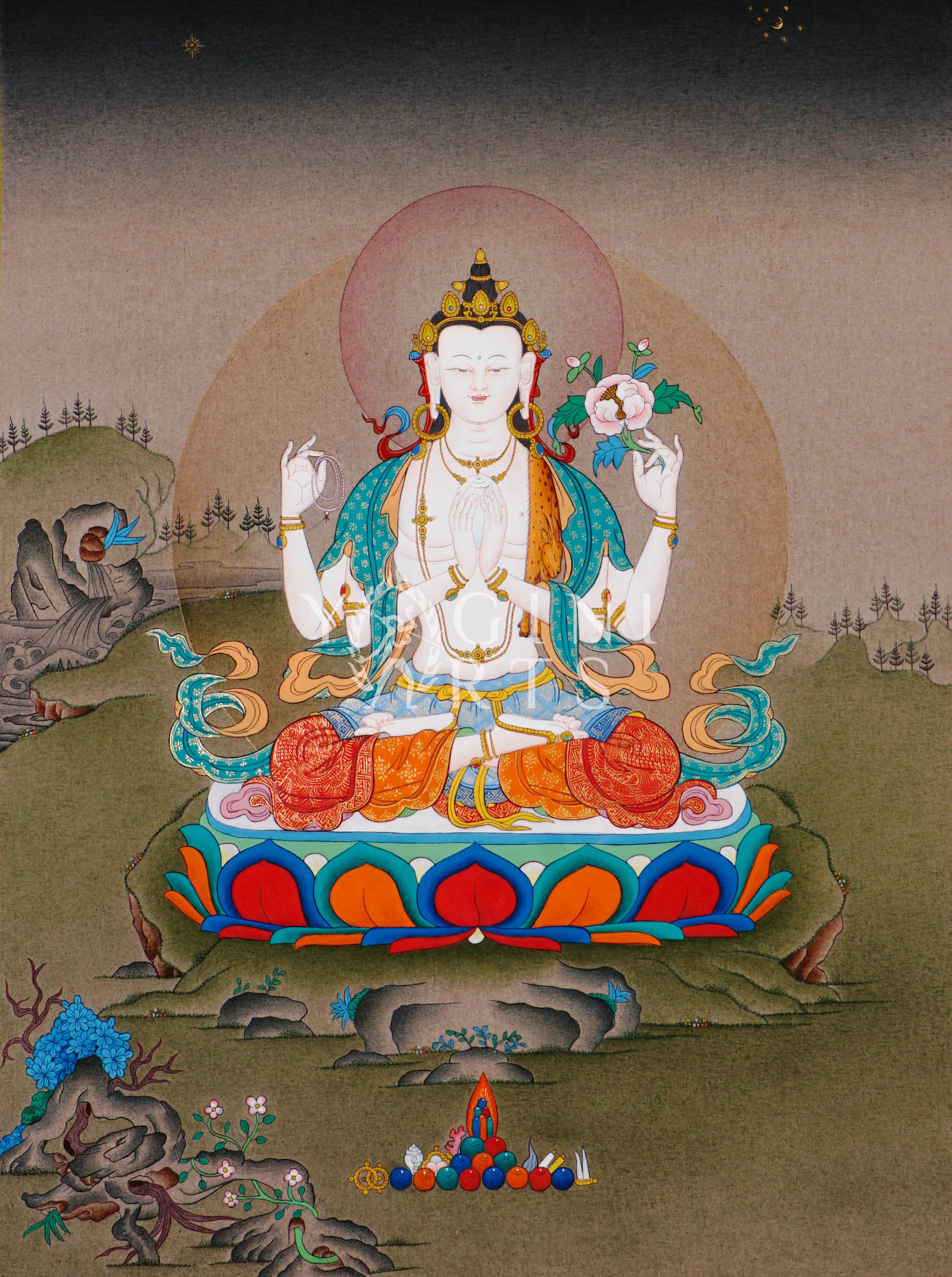 Hand-painted Chenrezig thangka featuring four-armed Avalokiteshvara seated on a lotus throne holding mala beads and lotus flower in a peaceful Himalayan landscape
