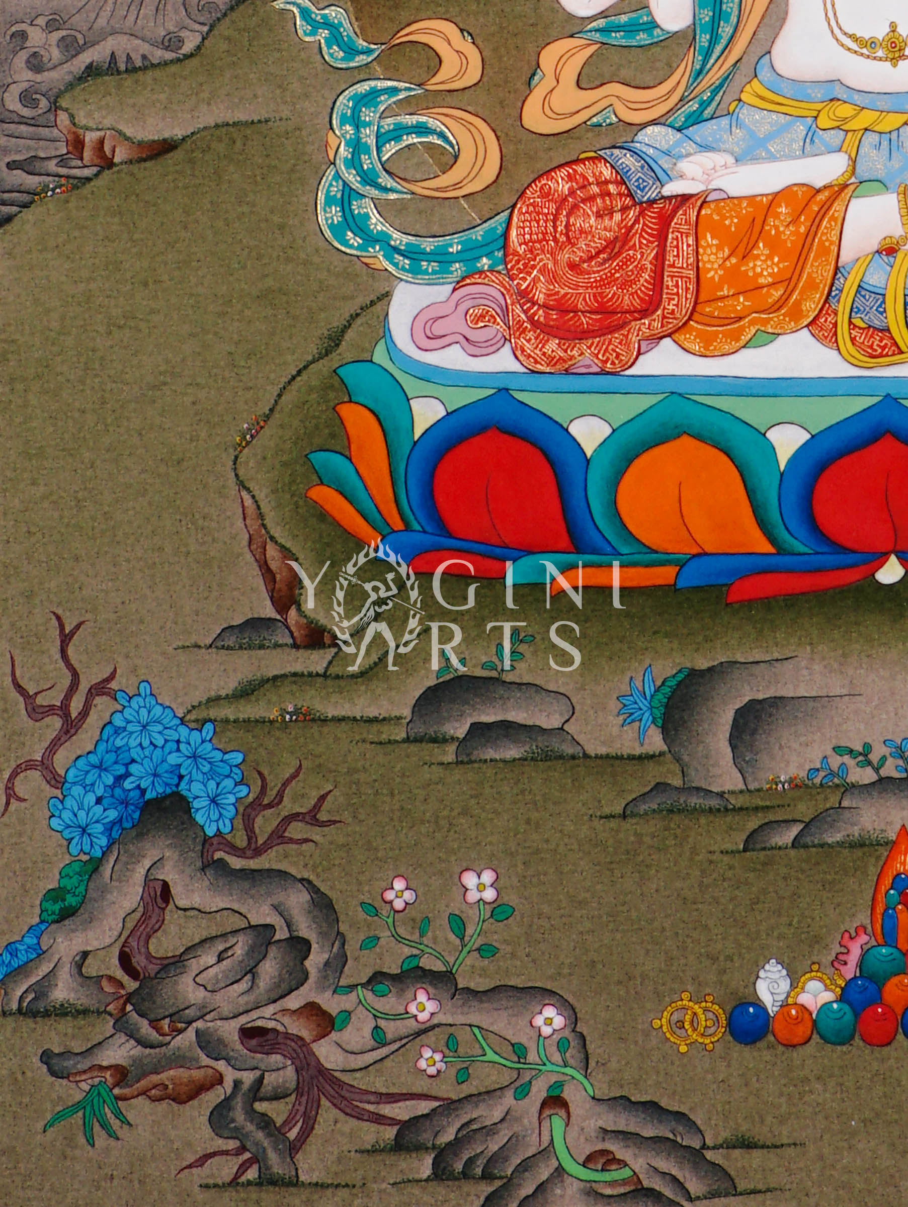 Hand-painted Chenrezig thangka featuring four-armed Avalokiteshvara seated on a lotus throne holding mala beads and lotus flower in a peaceful Himalayan landscape