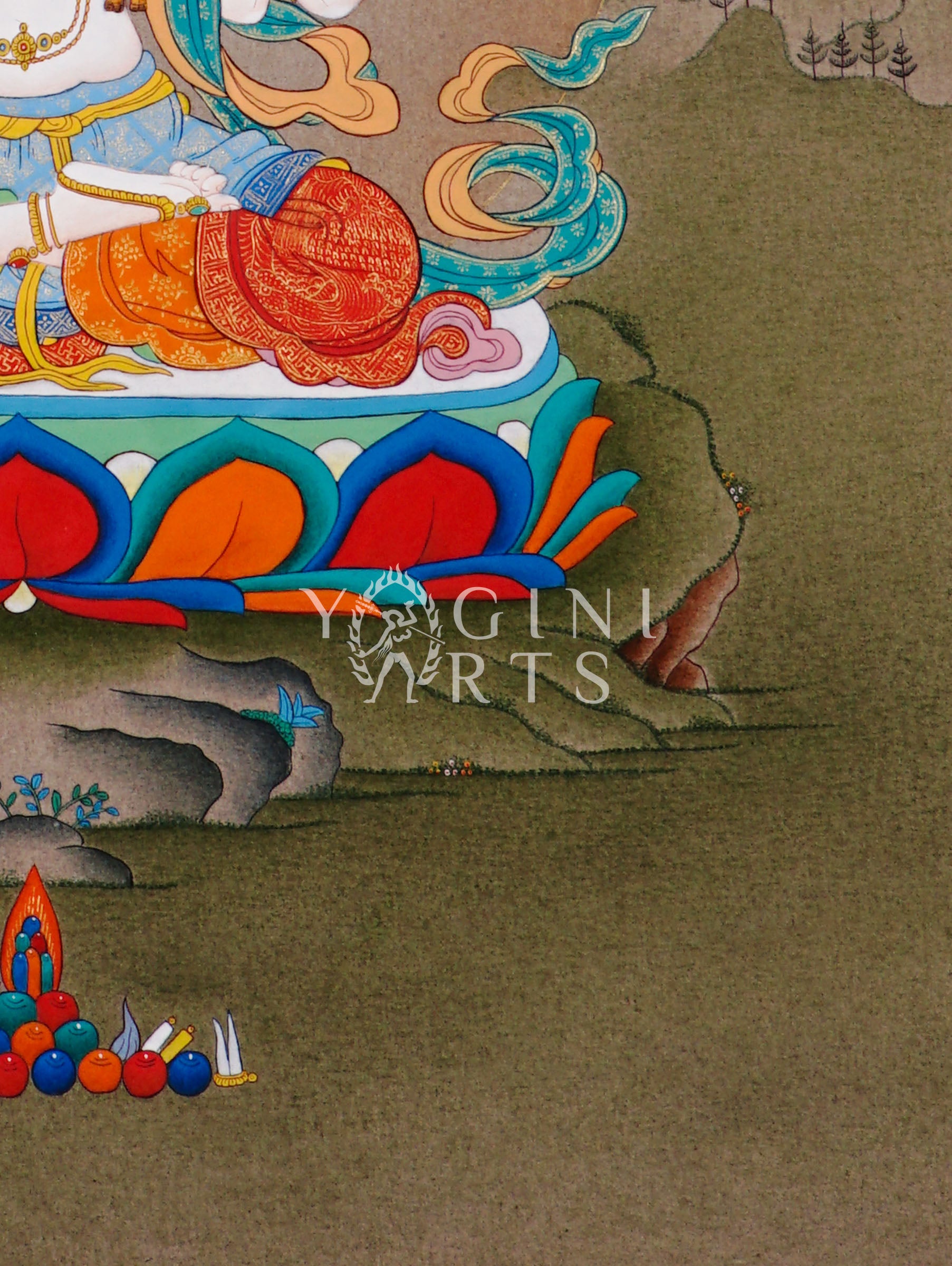 Hand-painted Chenrezig thangka featuring four-armed Avalokiteshvara seated on a lotus throne holding mala beads and lotus flower in a peaceful Himalayan landscape