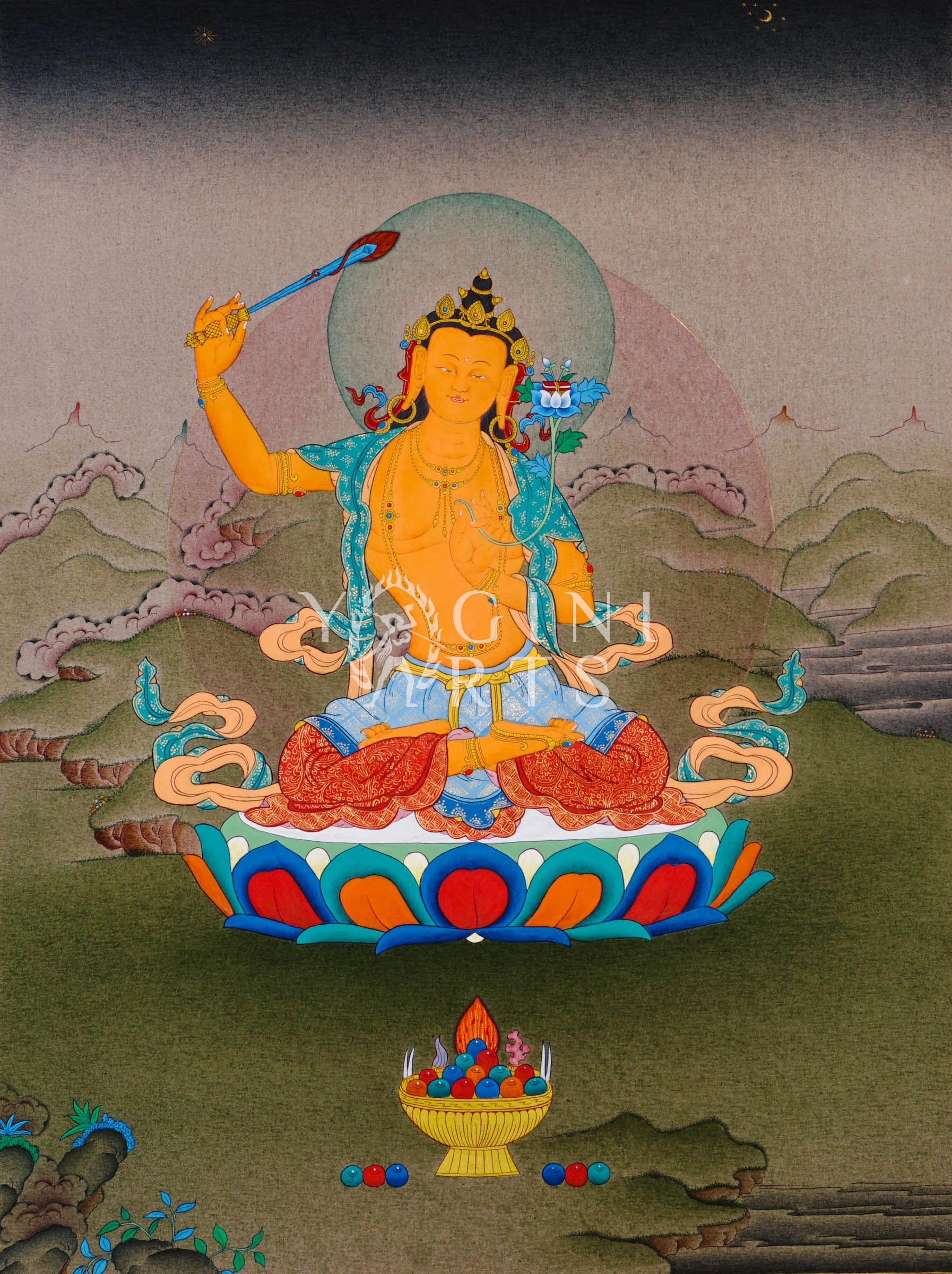 Hand-painted Manjushree thangka featuring the Buddhist wisdom deity seated on a lotus throne holding a flaming sword and lotus scripture in a Himalayan landscape