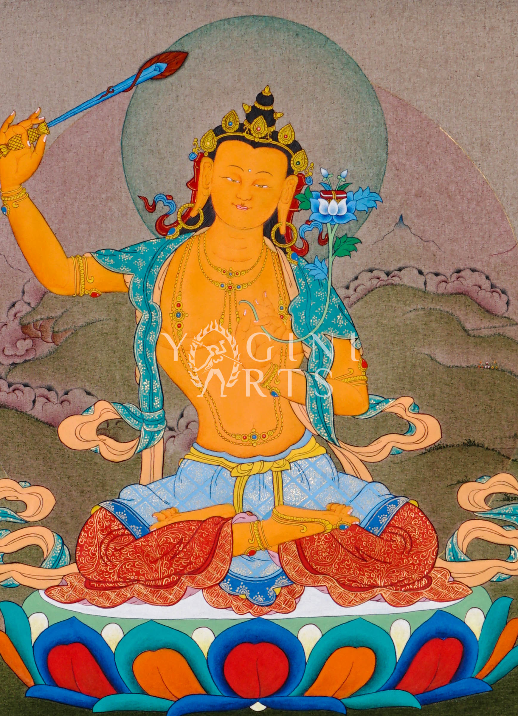 Hand-painted Manjushree thangka featuring the Buddhist wisdom deity seated on a lotus throne holding a flaming sword and lotus scripture in a Himalayan landscape