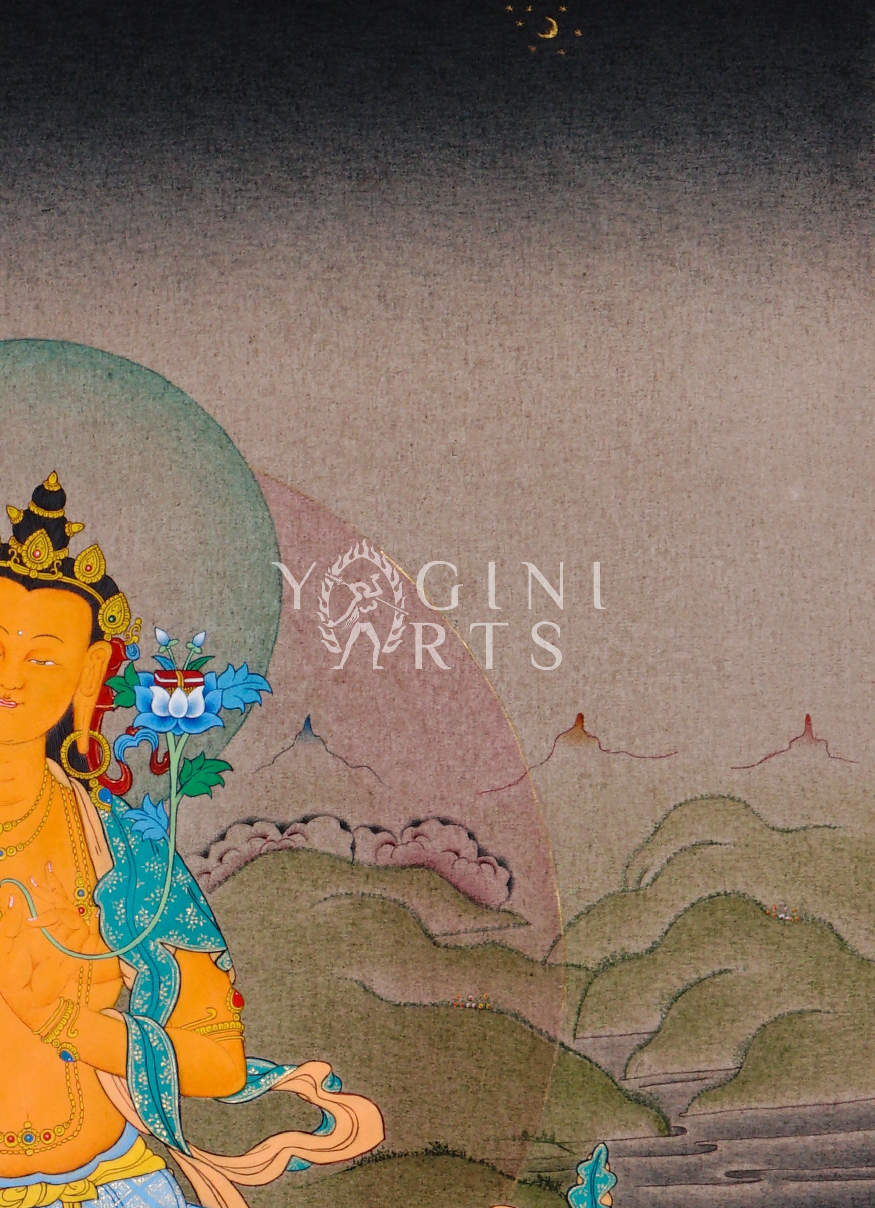 Hand-painted Manjushree thangka featuring the Buddhist wisdom deity seated on a lotus throne holding a flaming sword and lotus scripture in a Himalayan landscape