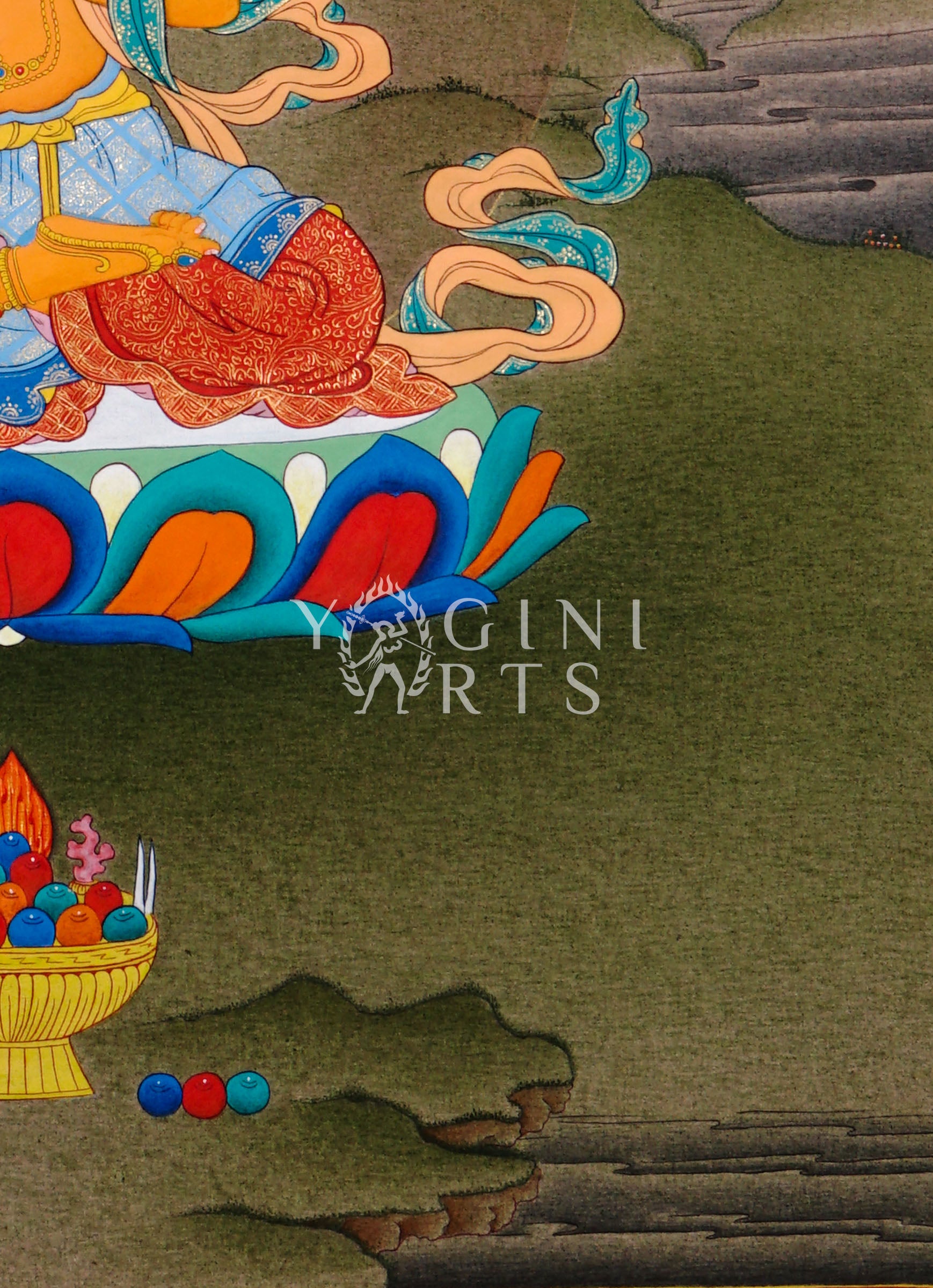 Hand-painted Manjushree thangka featuring the Buddhist wisdom deity seated on a lotus throne holding a flaming sword and lotus scripture in a Himalayan landscape