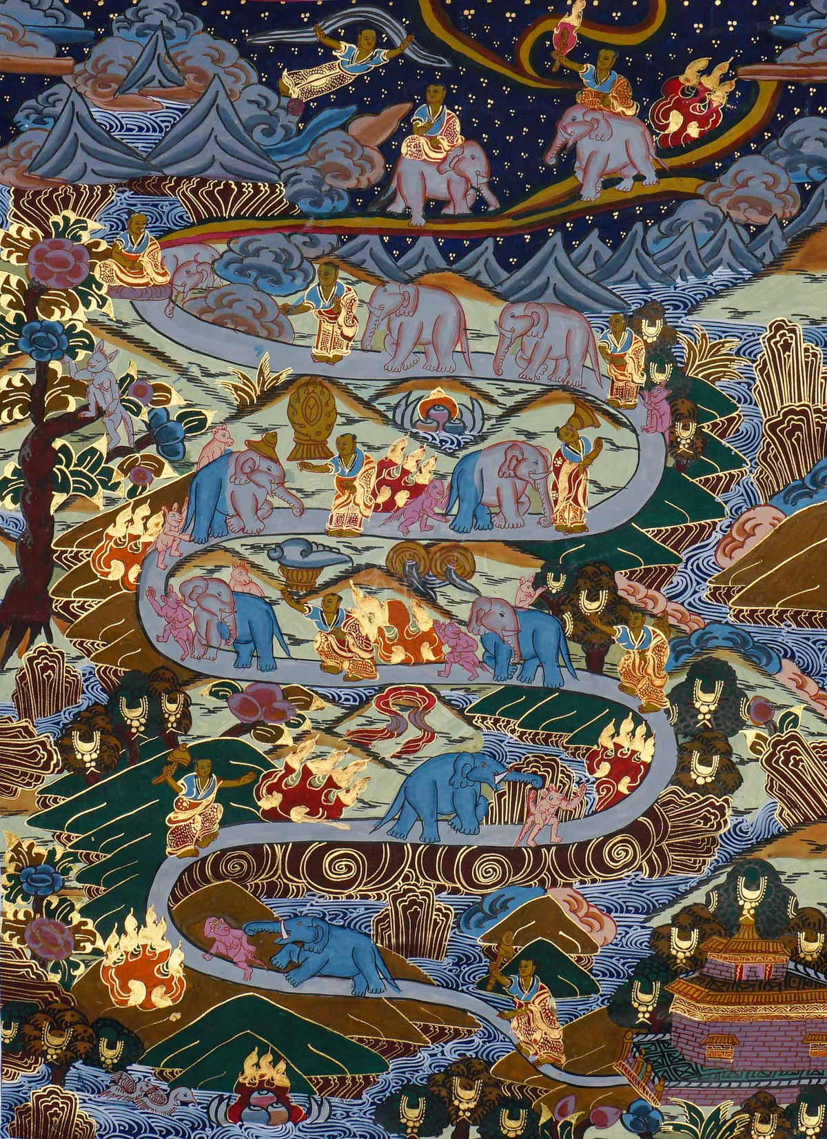 Way to Heaven Thangka painting featuring elephants, attendants, winding mountain paths, rivers, and intricate Himalayan landscape details, 50 x 37 cm