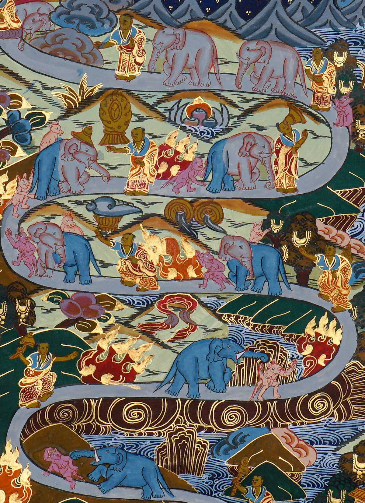 Way to Heaven Thangka painting featuring elephants, attendants, winding mountain paths, rivers, and intricate Himalayan landscape details, 50 x 37 cm