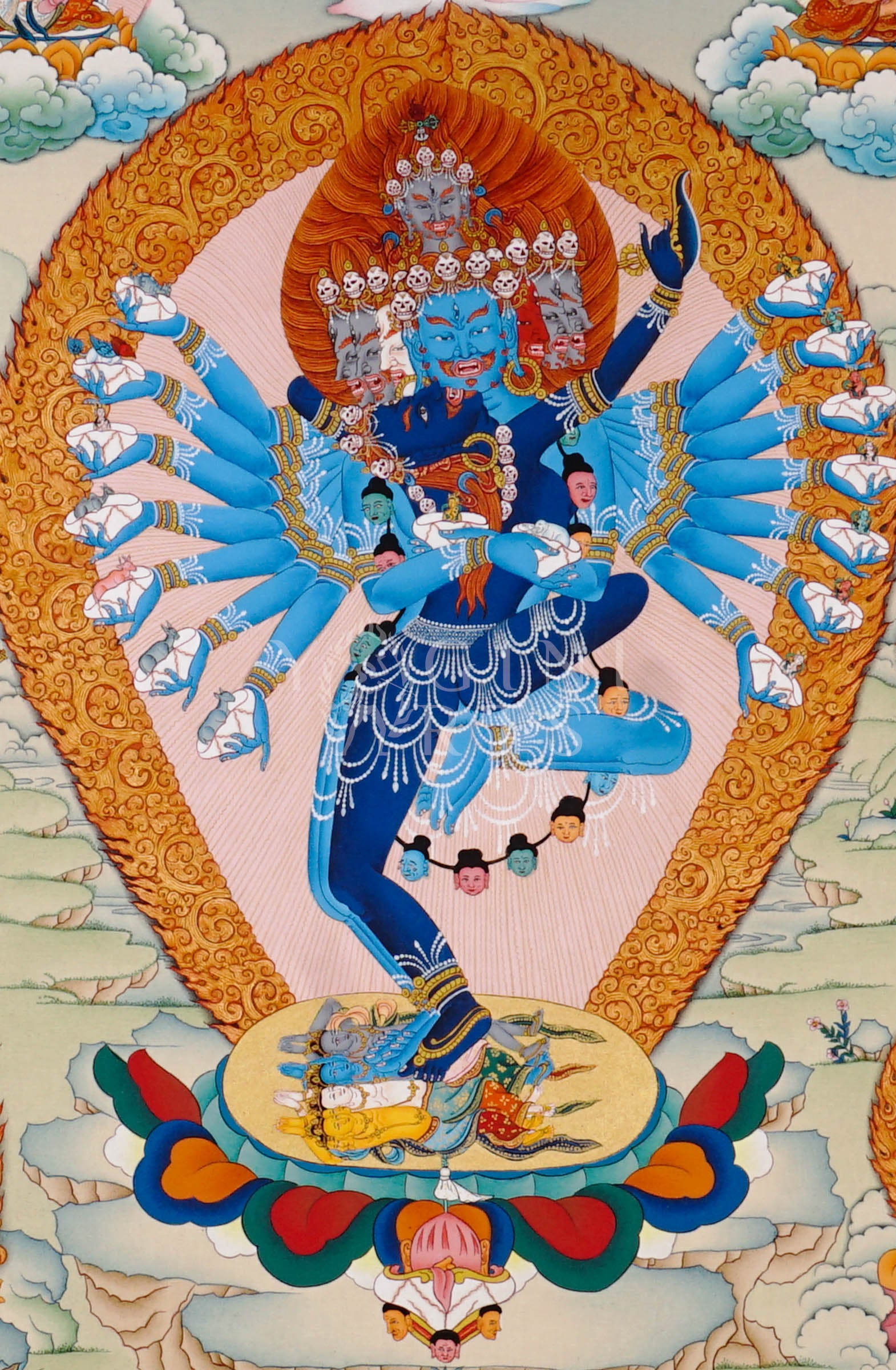 Hayagriva thangka featuring a wrathful multi-armed blue Buddhist protector deity surrounded by flames and attendant Vajrayana figures