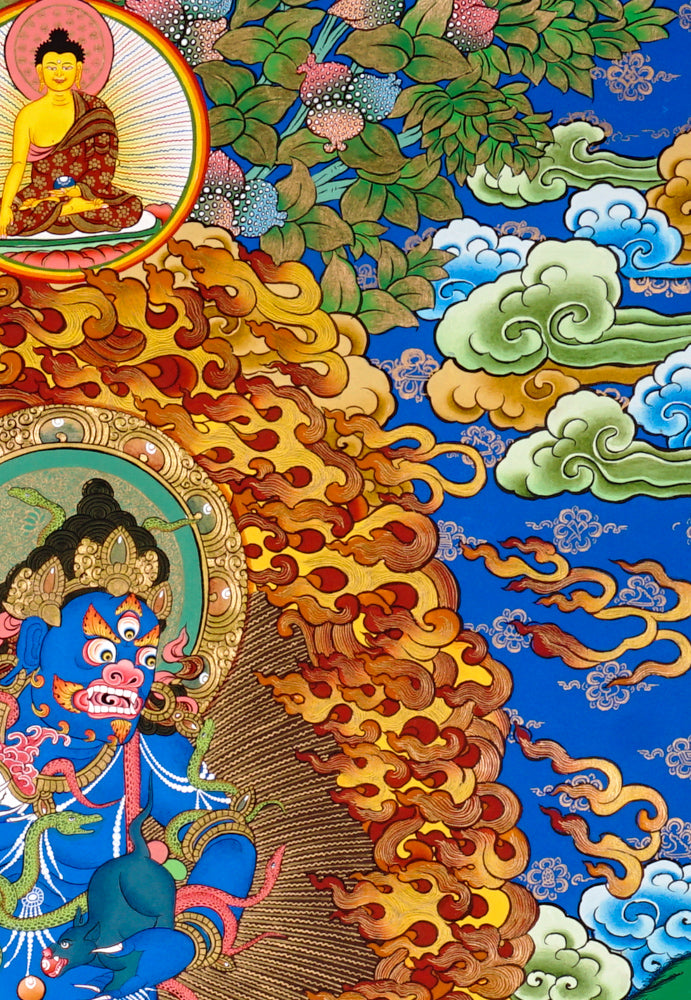 Black Zambhala thangka with Buddha above, flames, mongoose, and subdued figure.