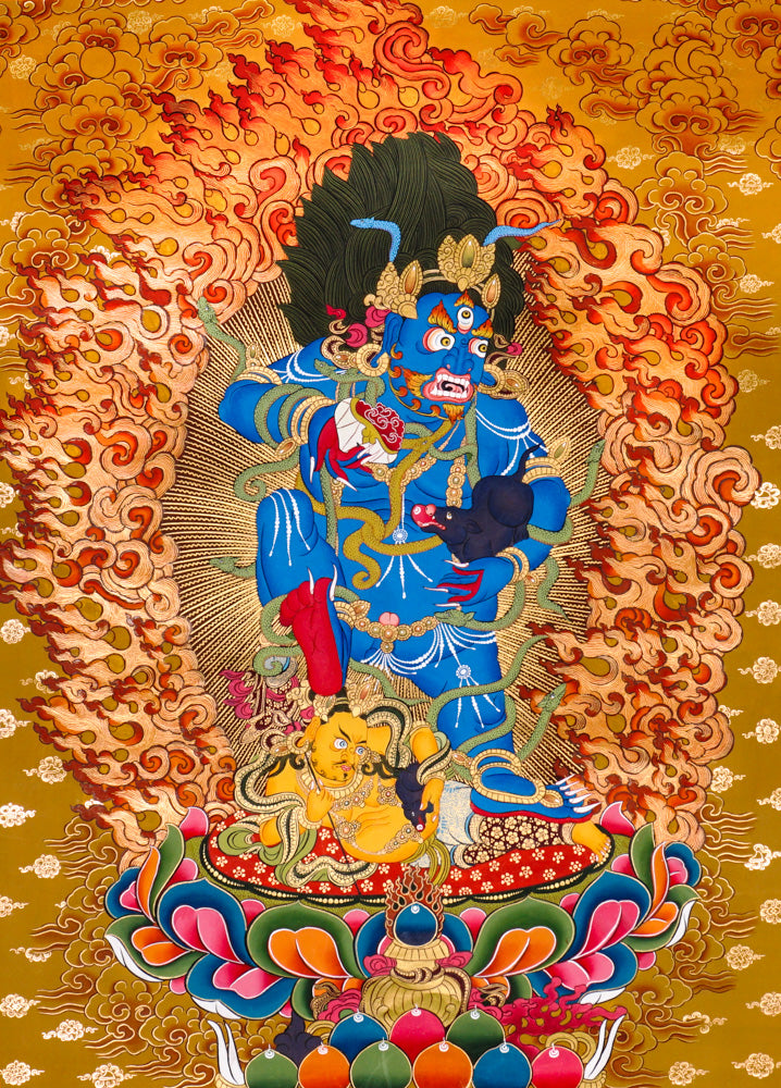 Black Zambhala thangka with flames, serpents, mongoose, and subdued figure.