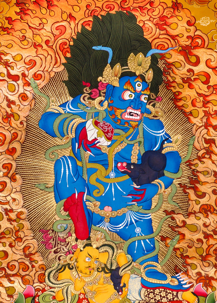 Black Zambhala thangka with flames, serpents, mongoose, and subdued figure.