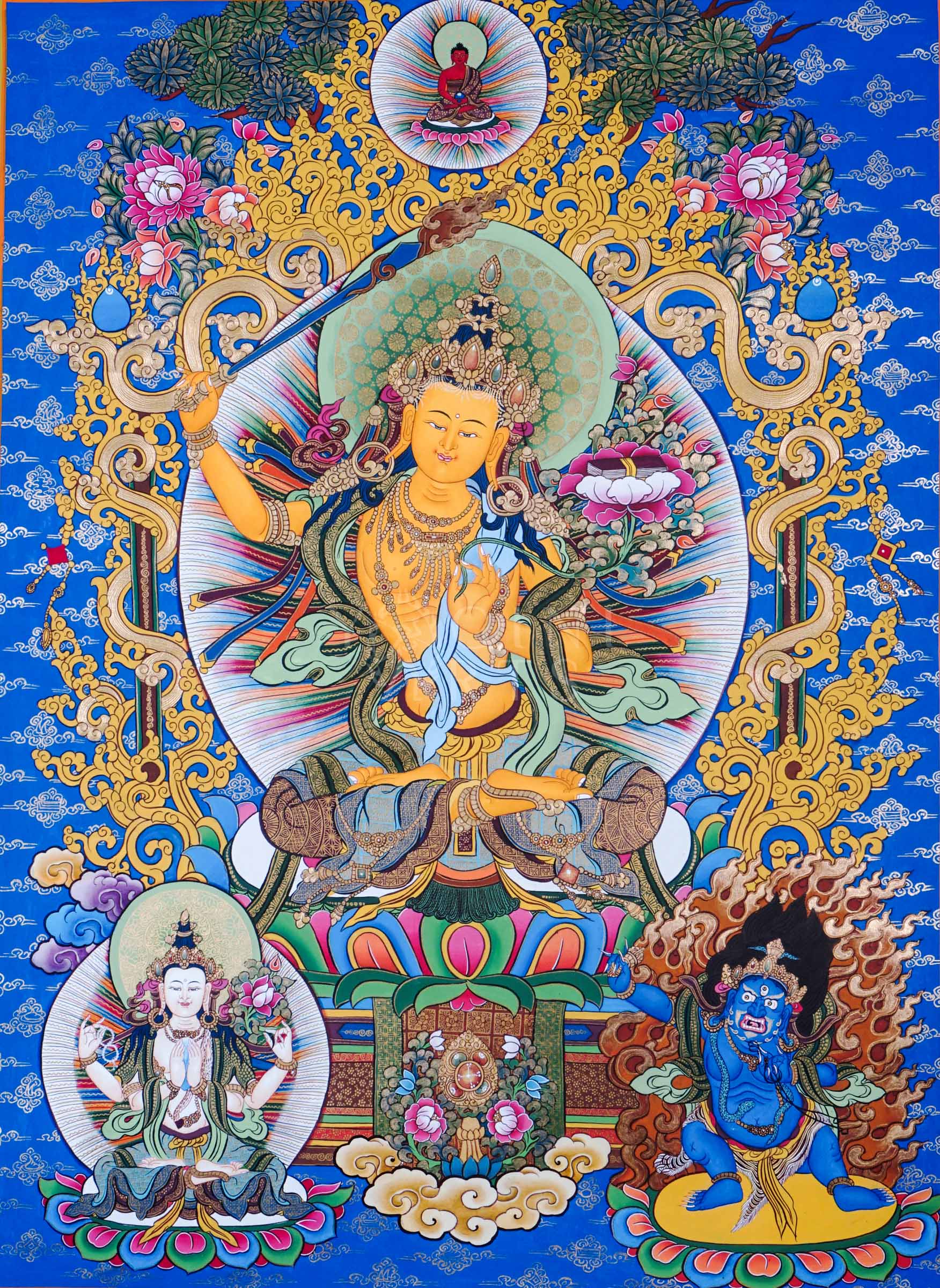 Manjushree Bodhisattva holding the flaming sword of wisdom and lotus scripture surrounded by sacred Himalayan Buddhist symbolism