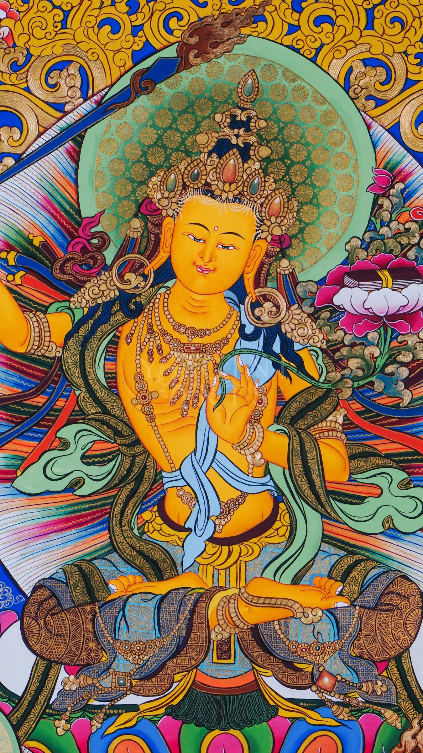 Manjushree Bodhisattva holding the flaming sword of wisdom and lotus scripture surrounded by sacred Himalayan Buddhist symbolism