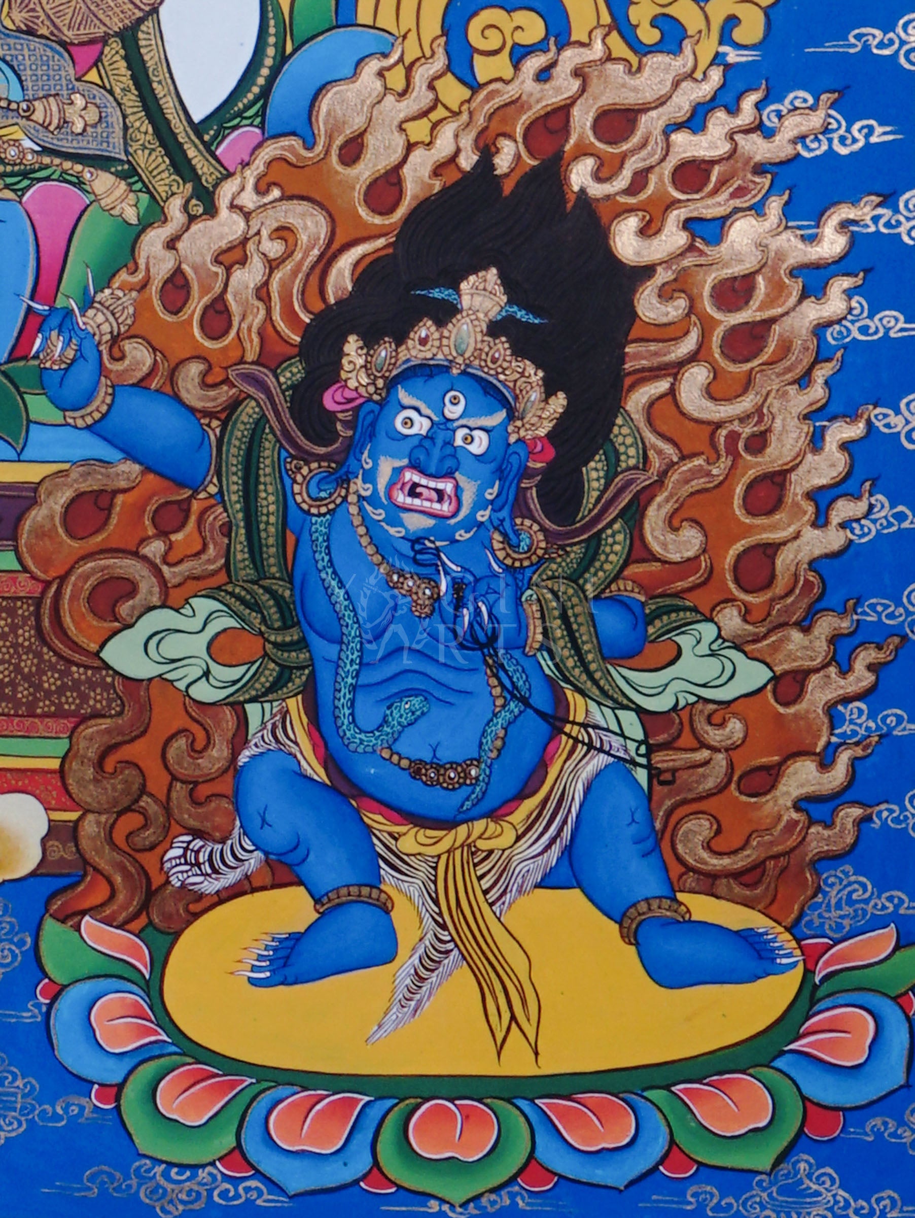 Manjushree Bodhisattva holding the flaming sword of wisdom and lotus scripture surrounded by sacred Himalayan Buddhist symbolism