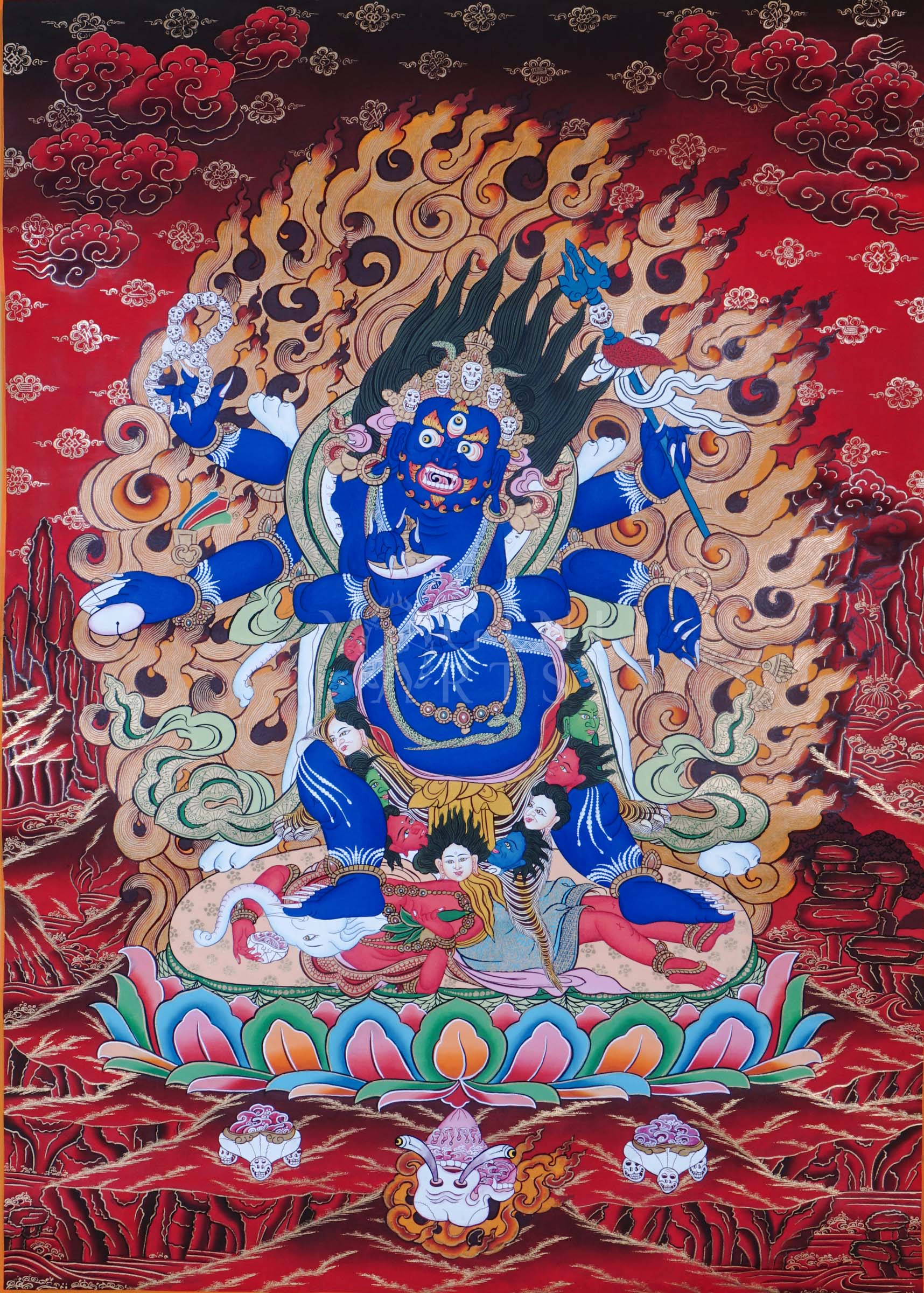 Hand-painted Tibetan thangka of Six-Armed Mahakala wrathful Buddhist protector deity surrounded by flames and sacred tantric symbolism