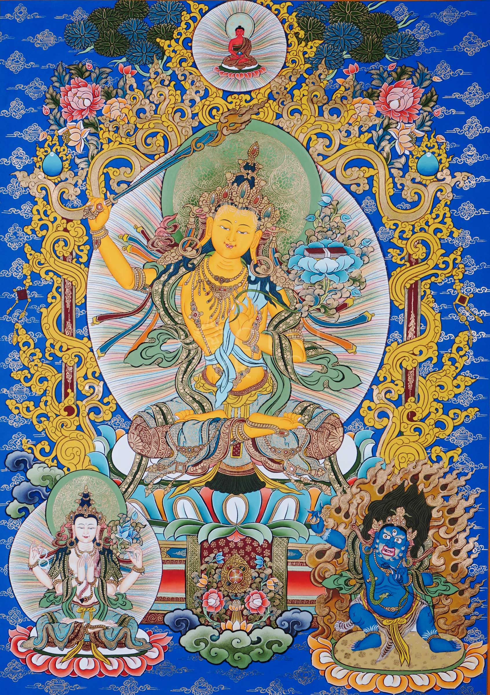 Manjushree Bodhisattva holding wisdom sword and lotus scripture surrounded by sacred floral motifs
