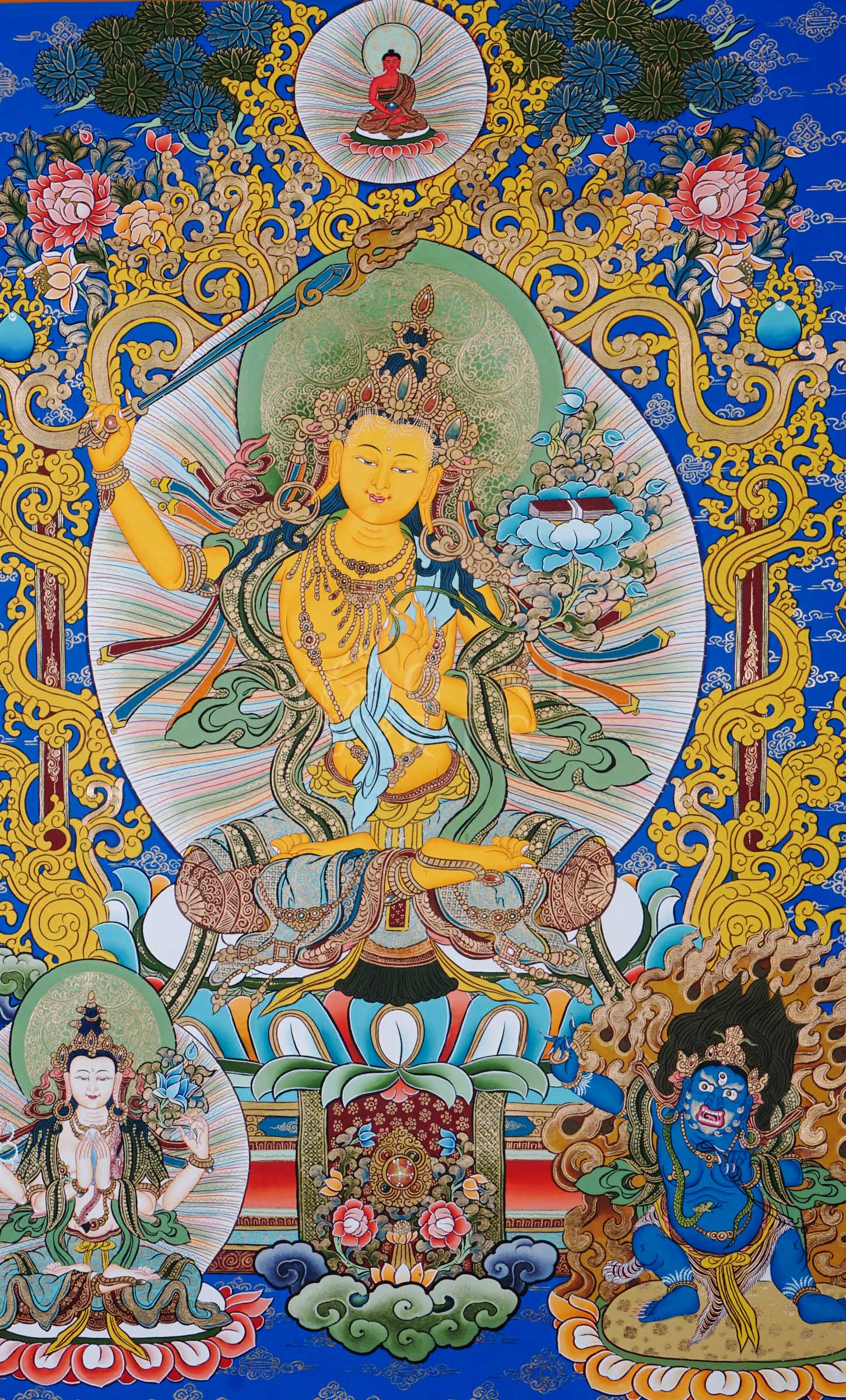 Manjushree Bodhisattva holding wisdom sword and lotus scripture surrounded by sacred floral motifs