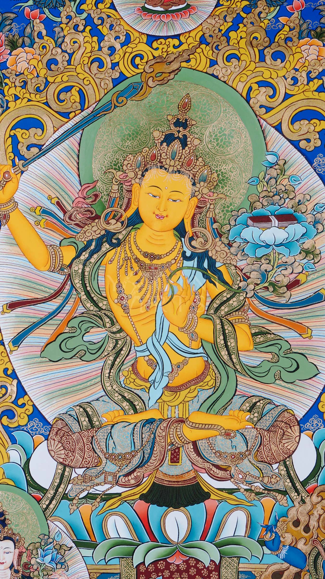 Manjushree Bodhisattva holding wisdom sword and lotus scripture surrounded by sacred floral motifs