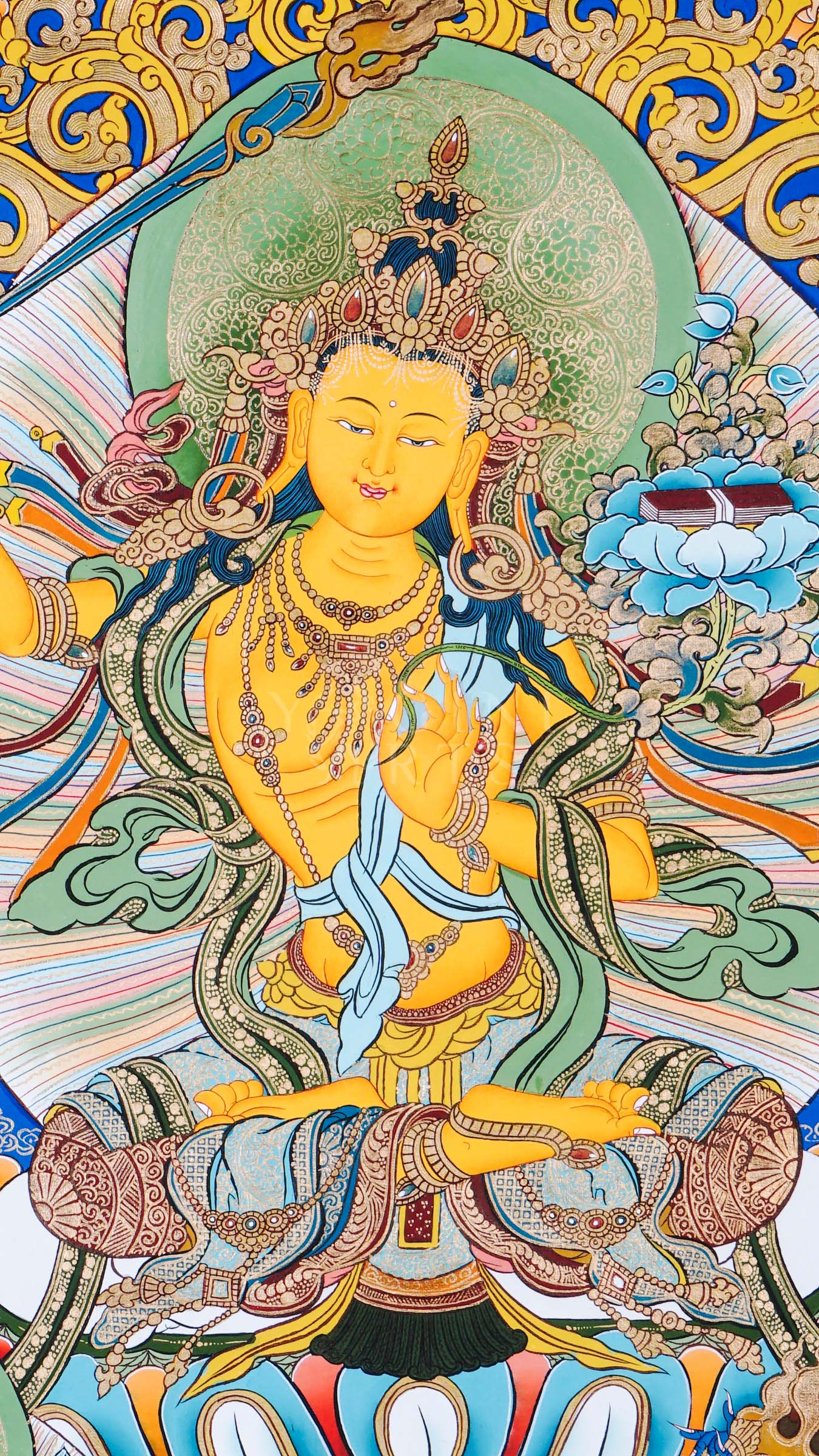 Manjushree Bodhisattva holding wisdom sword and lotus scripture surrounded by sacred floral motifs