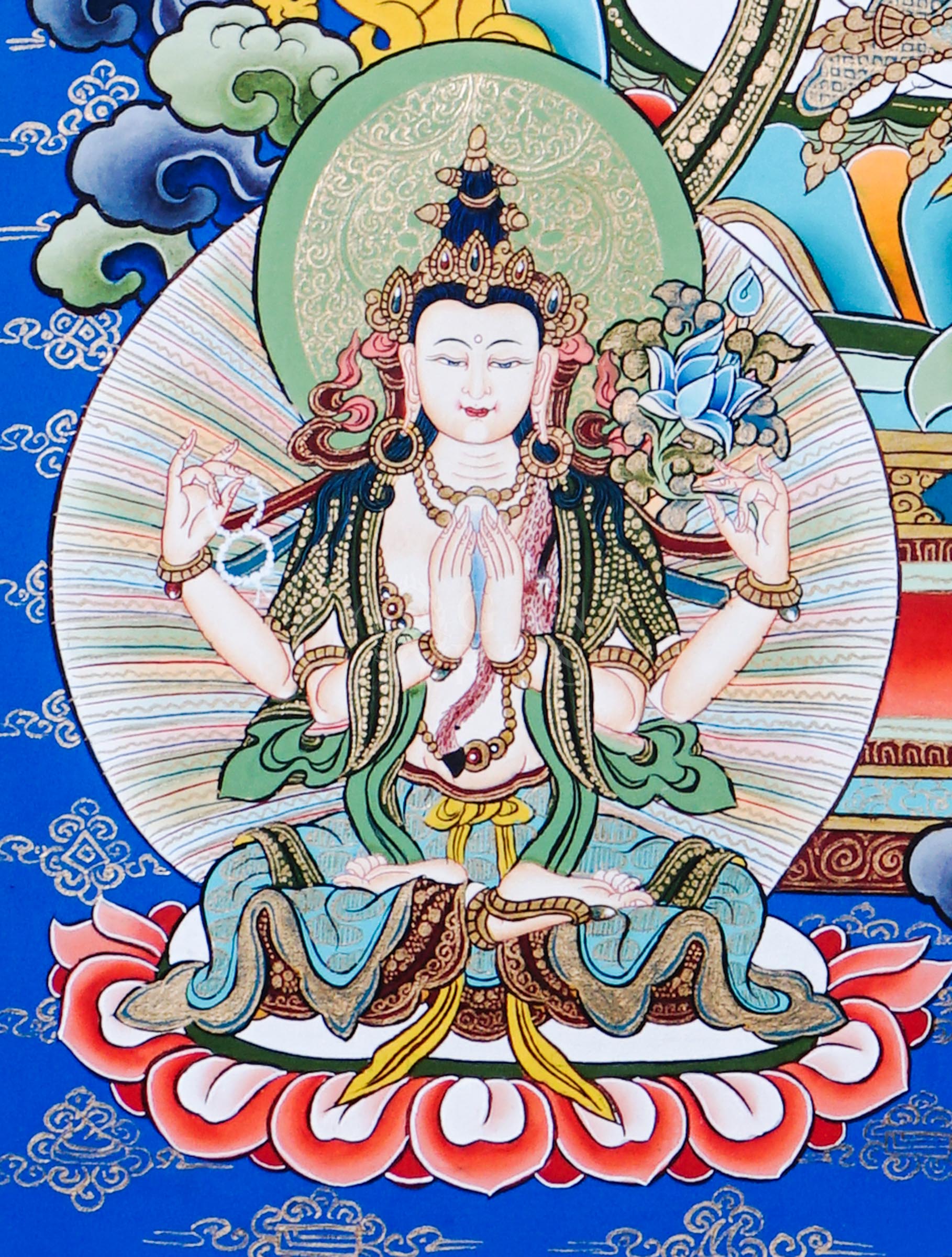 Manjushree Bodhisattva holding wisdom sword and lotus scripture surrounded by sacred floral motifs