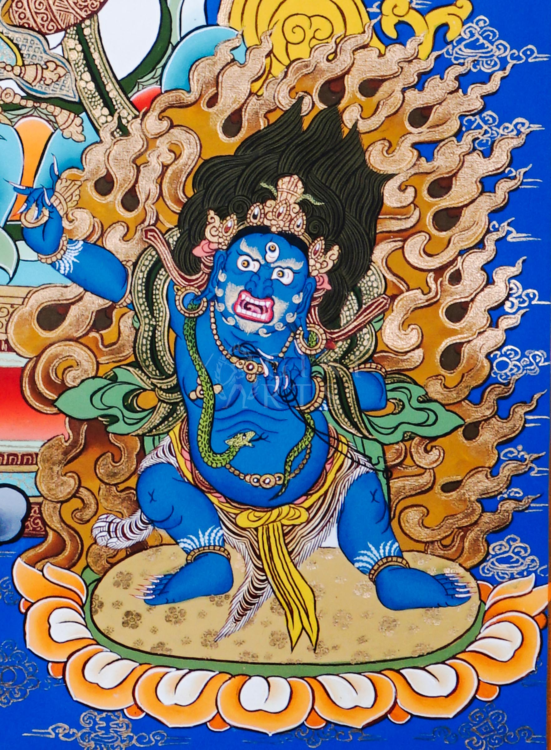 Manjushree Bodhisattva holding wisdom sword and lotus scripture surrounded by sacred floral motifs