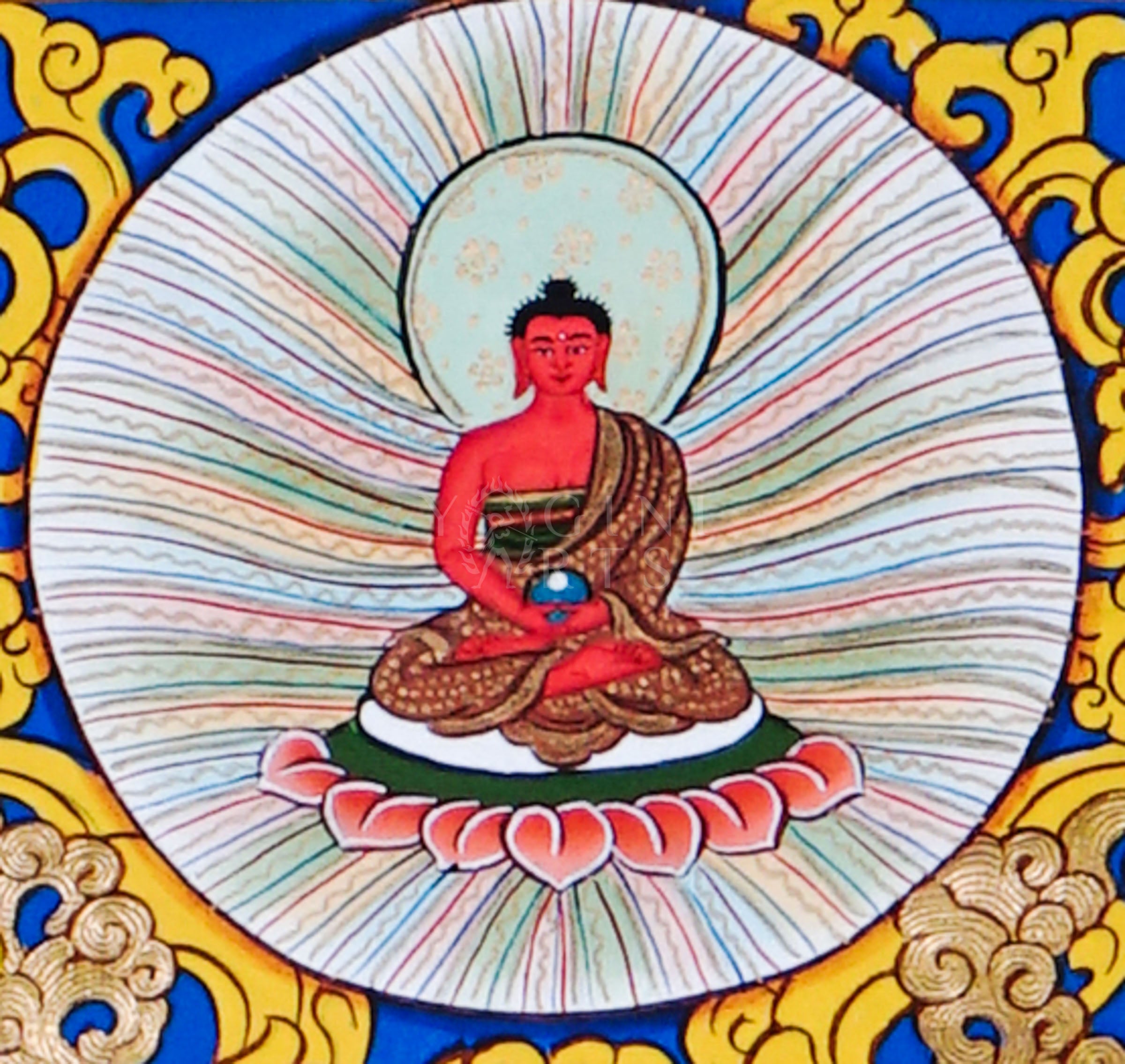 Manjushree Bodhisattva holding wisdom sword and lotus scripture surrounded by sacred floral motifs