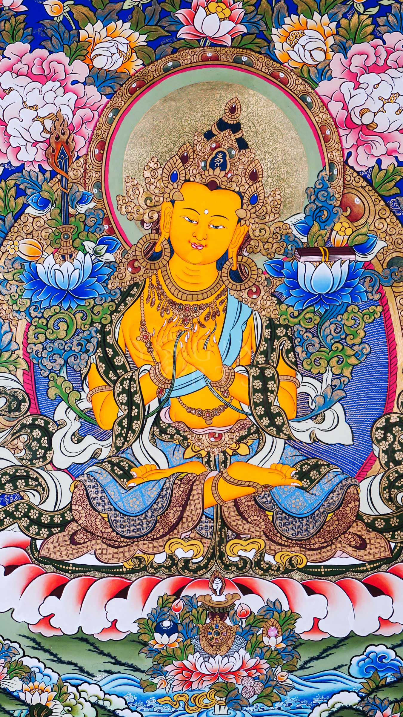 Manjushree Bodhisattva with wisdom sword and lotus scripture surrounded by sacred floral motifs and traditional Himalayan ornamentation.