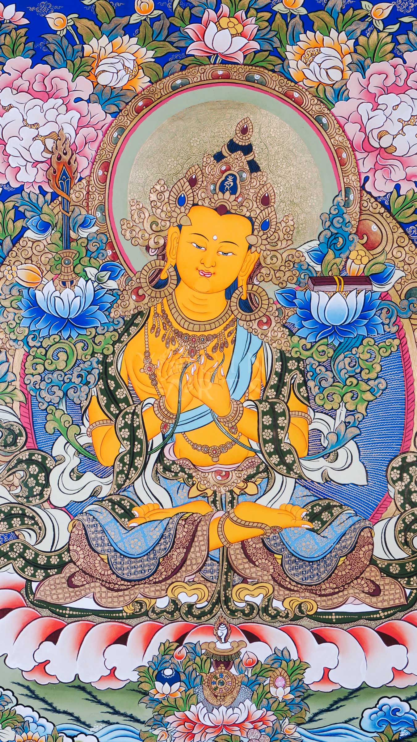 Manjushree Bodhisattva with wisdom sword and lotus scripture surrounded by sacred floral motifs and traditional Himalayan ornamentation.