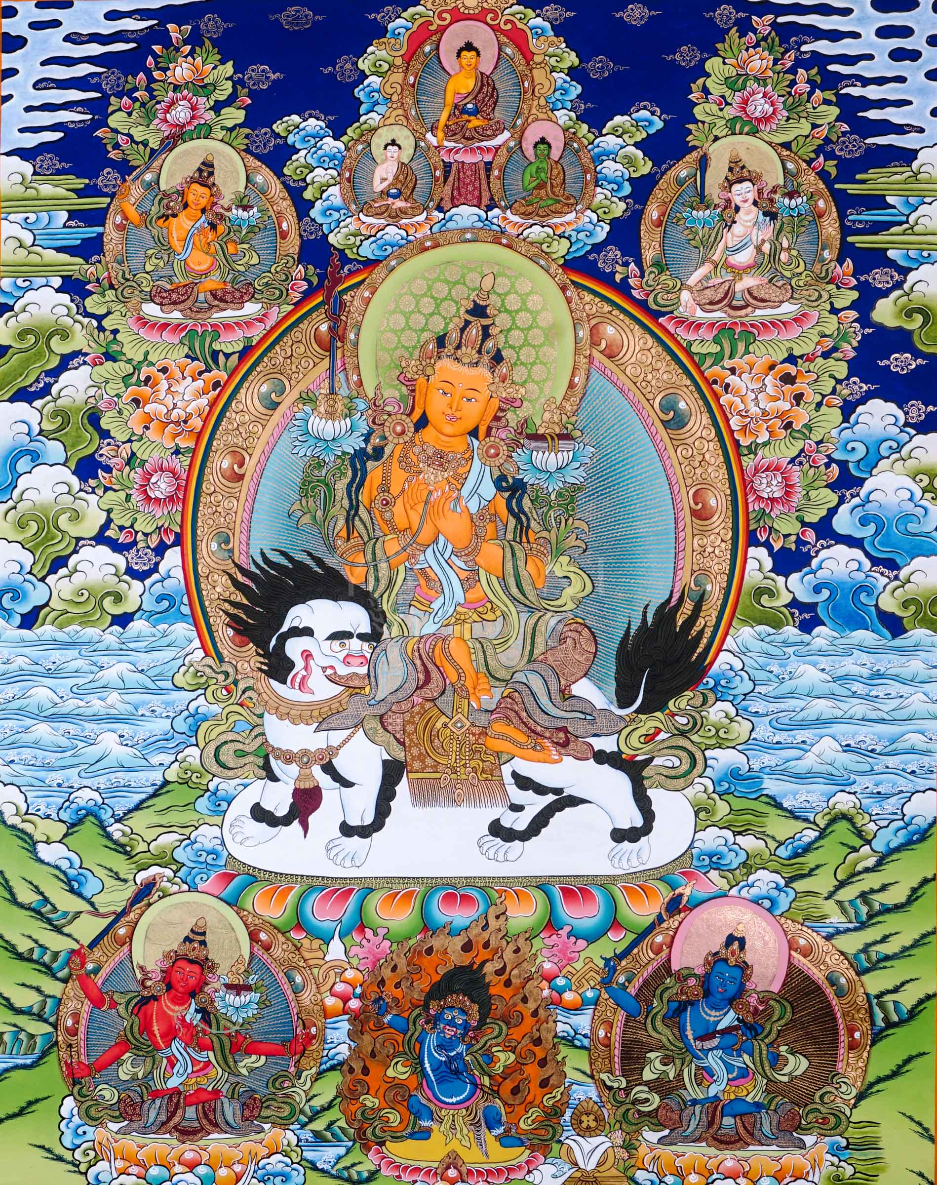 Hand-painted Tibetan thangka of Five Forms of Manjushree seated on a snow lion surrounded by enlightened manifestations, sacred lotus motifs, and traditional Himalayan ornamentation.