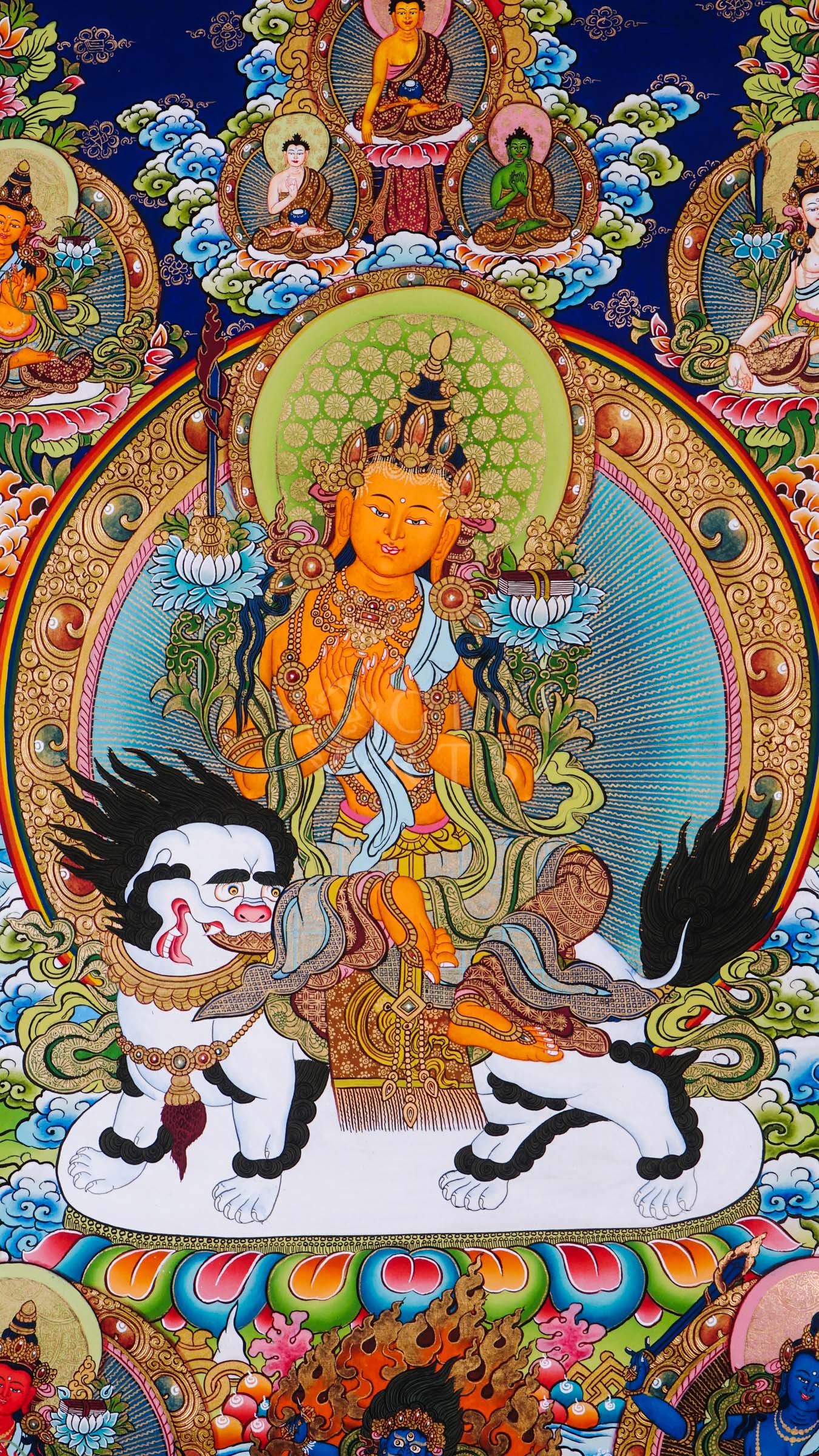 Hand-painted Tibetan thangka of Five Forms of Manjushree seated on a snow lion surrounded by enlightened manifestations, sacred lotus motifs, and traditional Himalayan ornamentation.