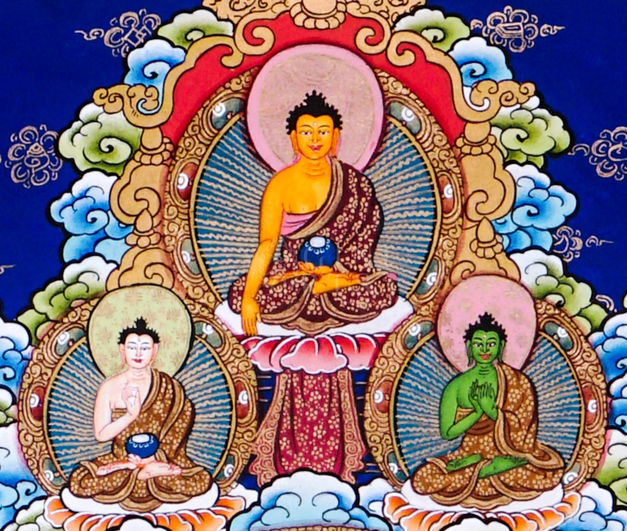 Hand-painted Tibetan thangka of Five Forms of Manjushree seated on a snow lion surrounded by enlightened manifestations, sacred lotus motifs, and traditional Himalayan ornamentation.