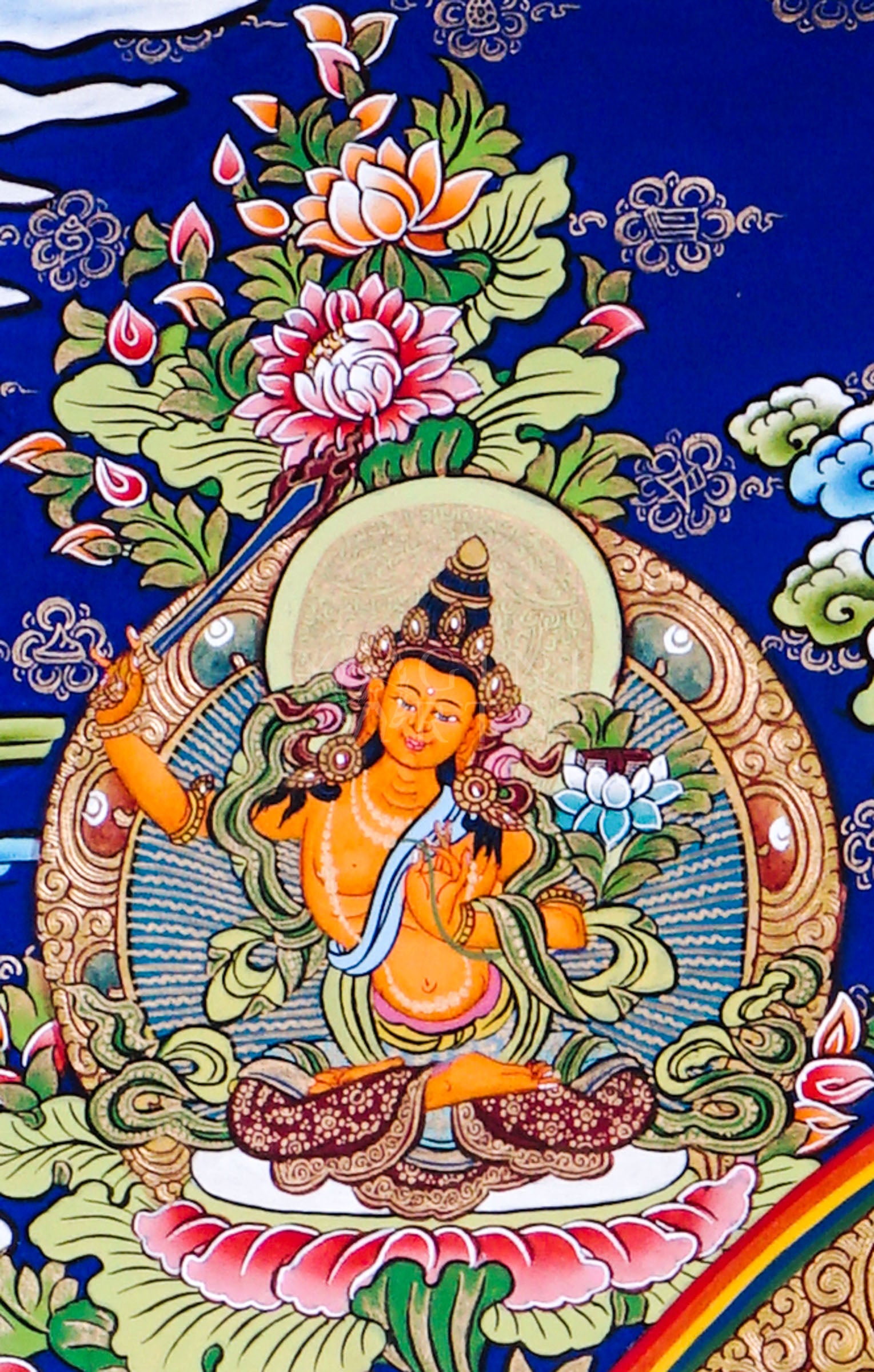 Hand-painted Tibetan thangka of Five Forms of Manjushree seated on a snow lion surrounded by enlightened manifestations, sacred lotus motifs, and traditional Himalayan ornamentation.