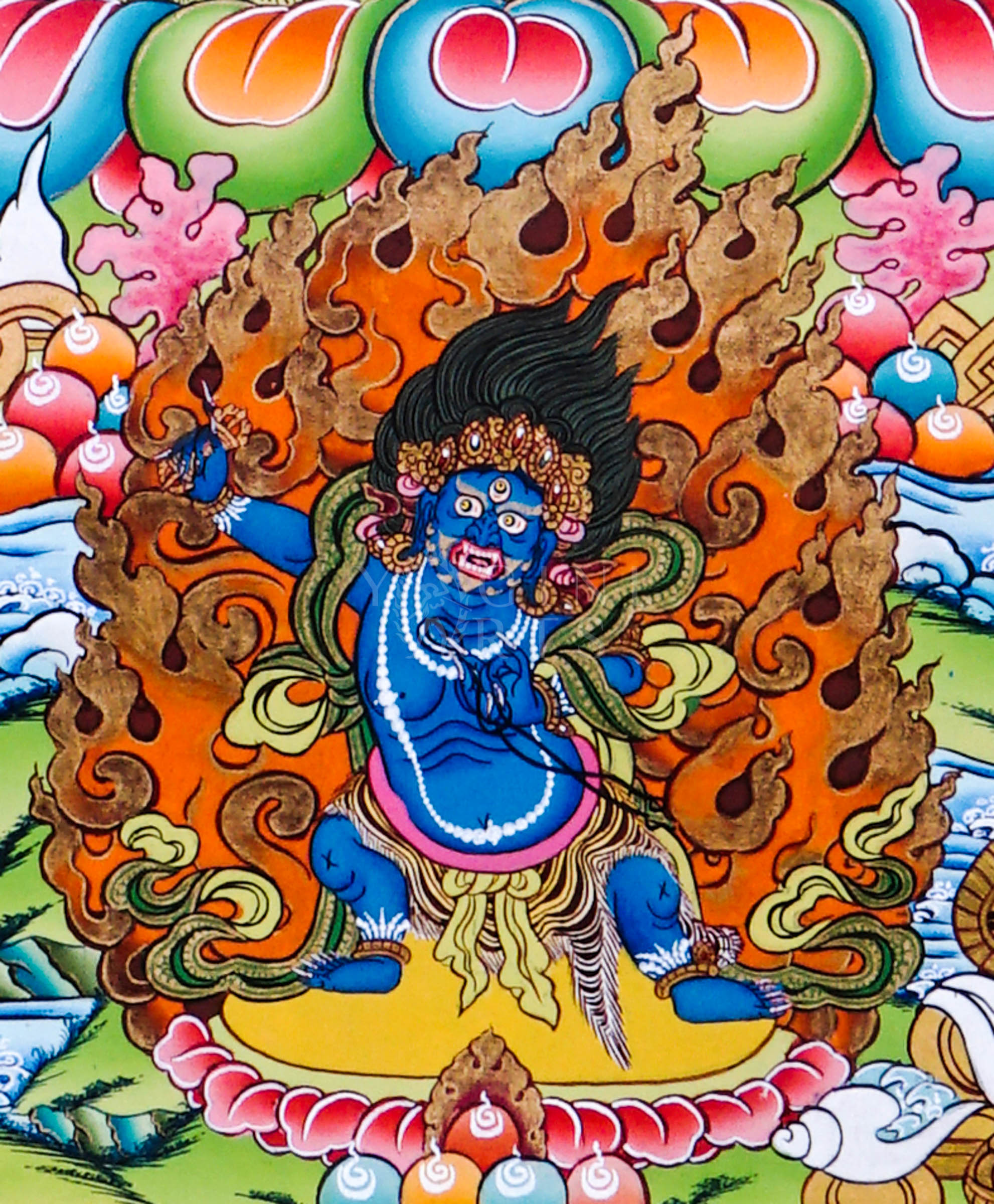 Hand-painted Tibetan thangka of Five Forms of Manjushree seated on a snow lion surrounded by enlightened manifestations, sacred lotus motifs, and traditional Himalayan ornamentation.