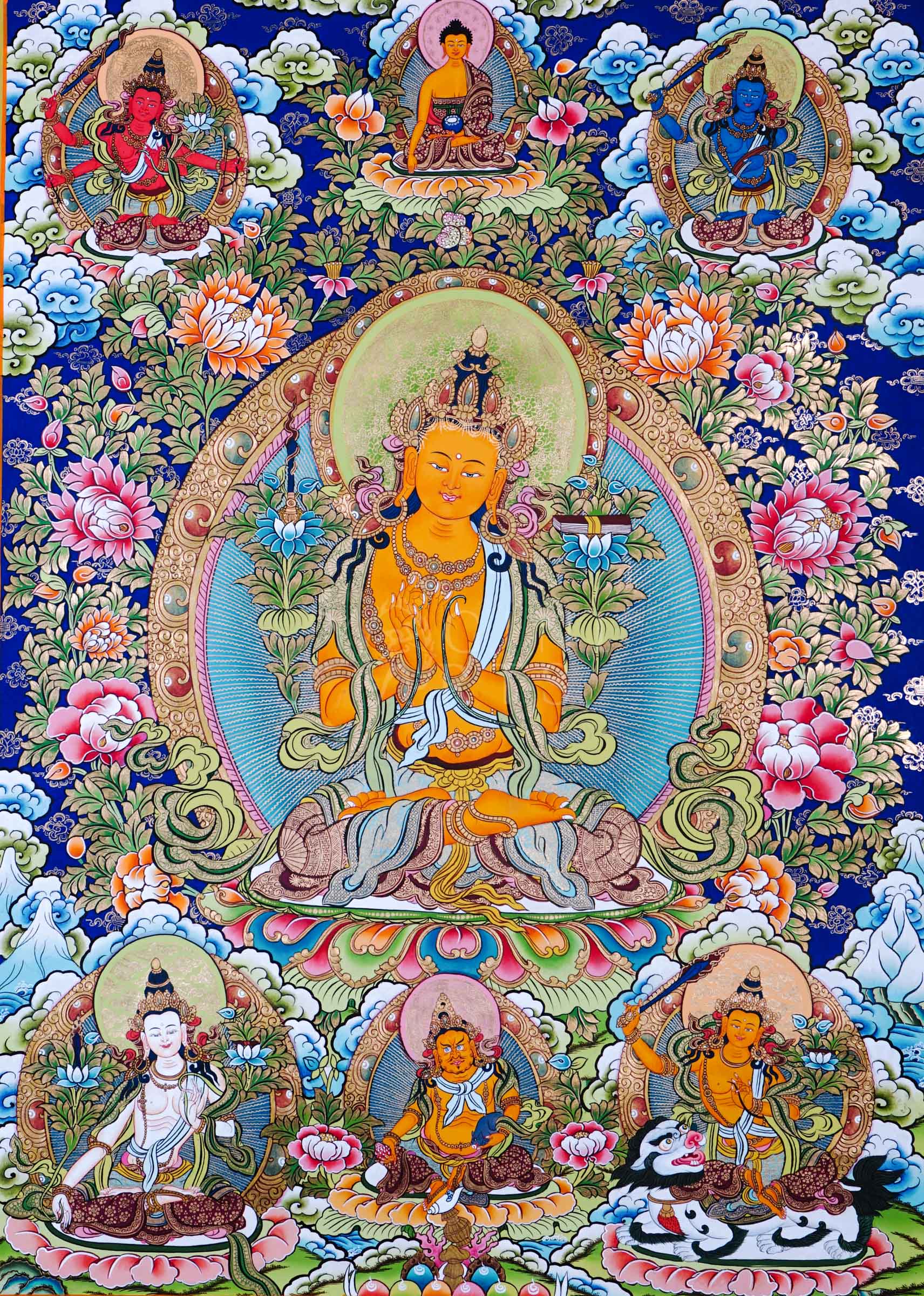 Hand-painted Tibetan thangka of Five Forms of Manjushree surrounded by sacred lotus motifs, enlightened manifestations, and traditional Himalayan Buddhist ornamentation.