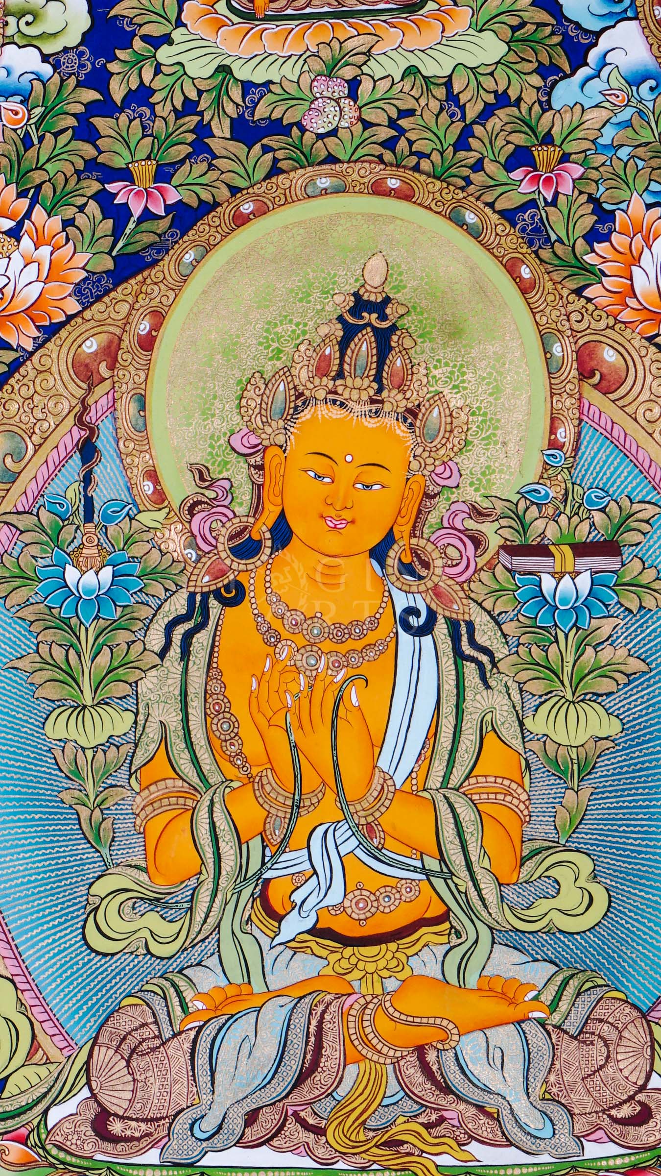 Hand-painted Tibetan thangka of Five Forms of Manjushree surrounded by sacred lotus motifs, enlightened manifestations, and traditional Himalayan Buddhist ornamentation.