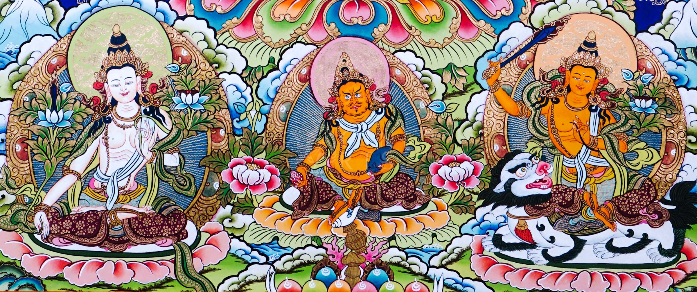 Hand-painted Tibetan thangka of Five Forms of Manjushree surrounded by sacred lotus motifs, enlightened manifestations, and traditional Himalayan Buddhist ornamentation.