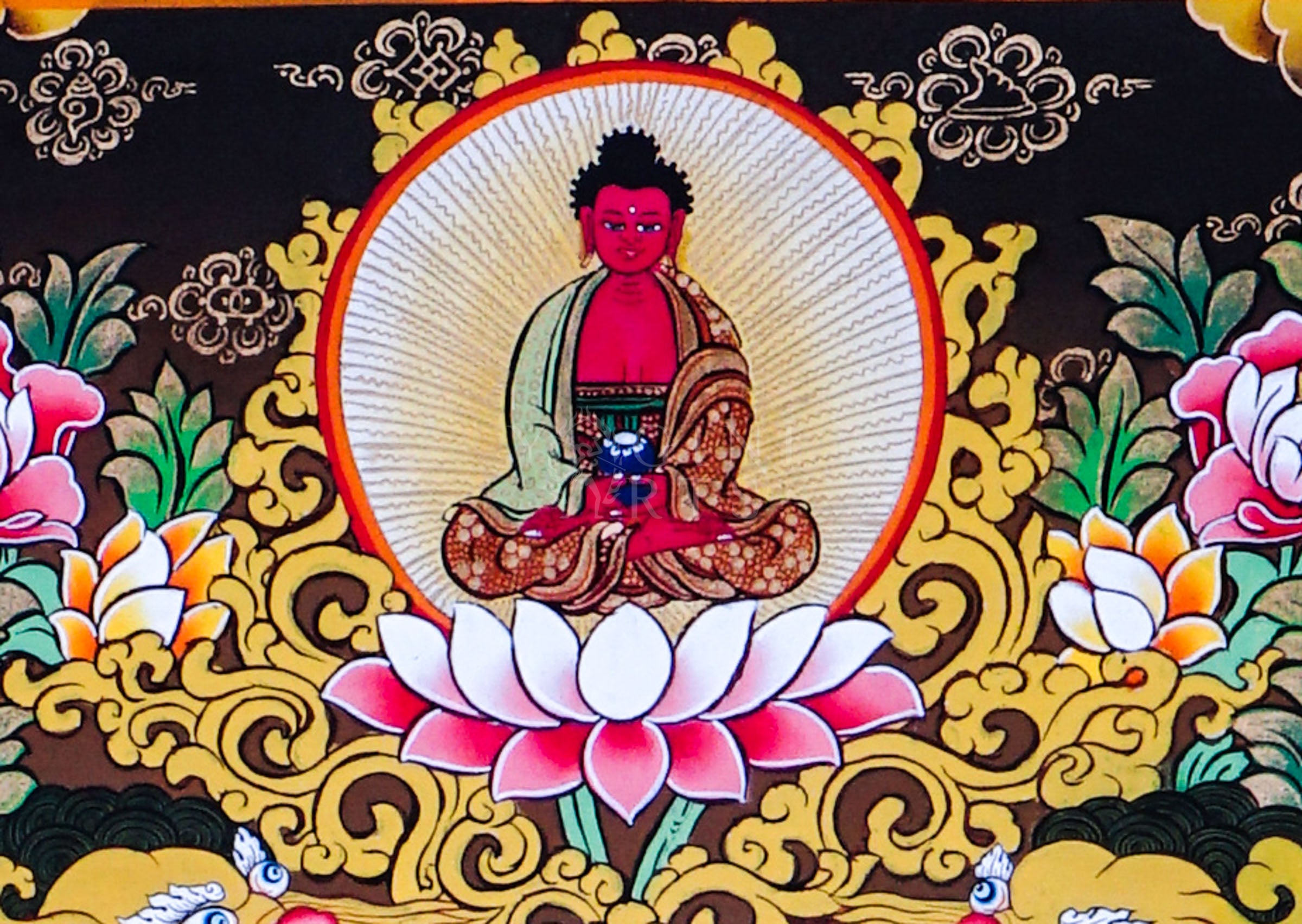 Green Tara seated on a lotus throne surrounded by floral ornamentation, sacred Buddhist symbolism, and traditional Himalayan decorative motifs.