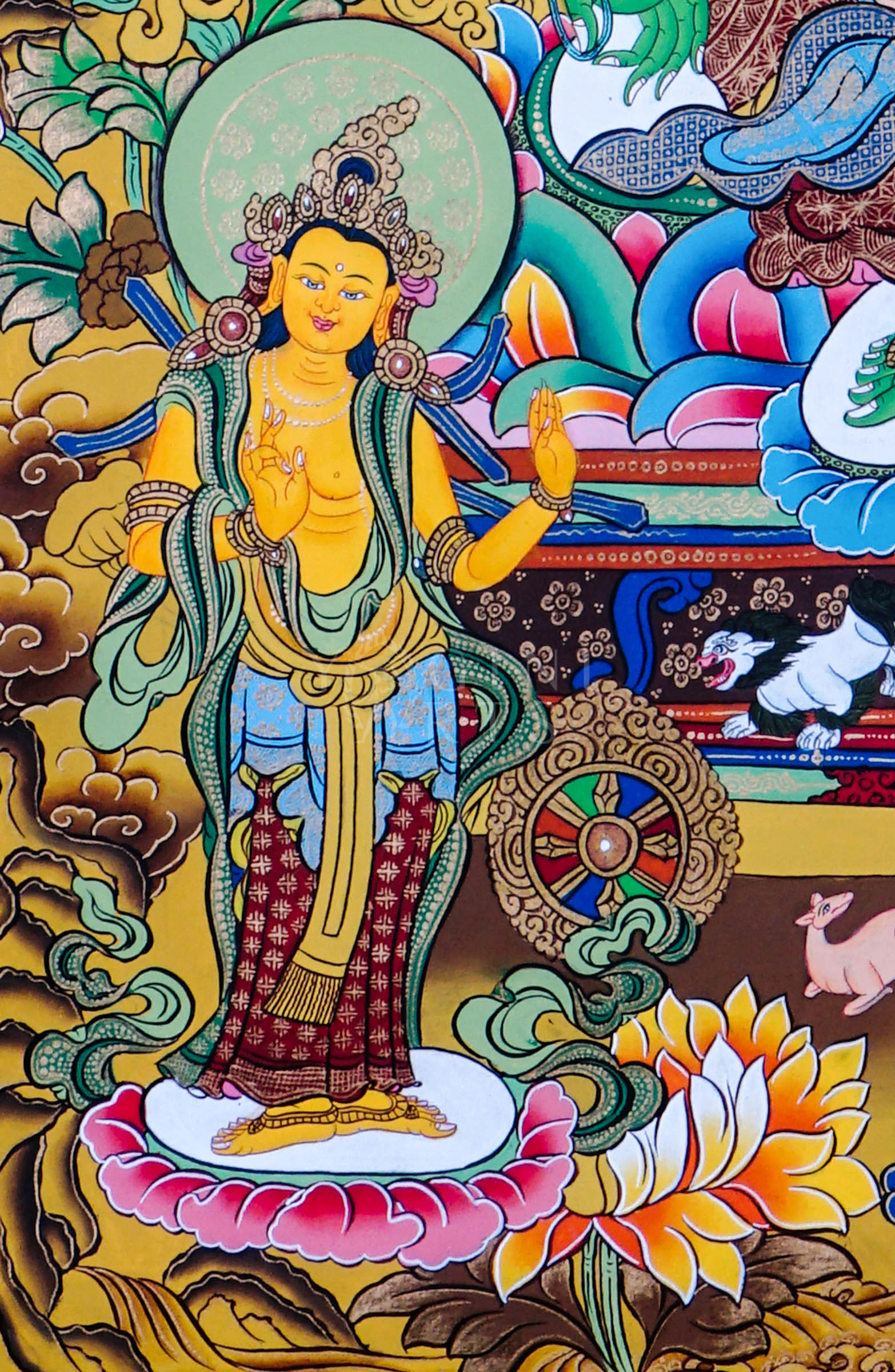Green Tara seated on a lotus throne surrounded by floral ornamentation, sacred Buddhist symbolism, and traditional Himalayan decorative motifs.