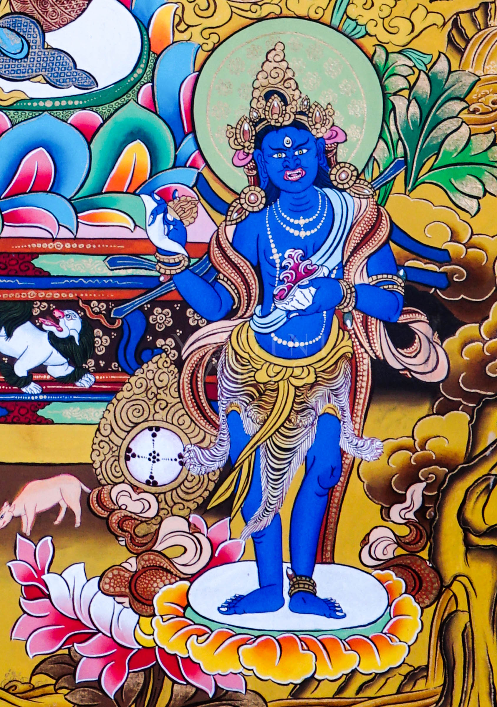 Green Tara seated on a lotus throne surrounded by floral ornamentation, sacred Buddhist symbolism, and traditional Himalayan decorative motifs.